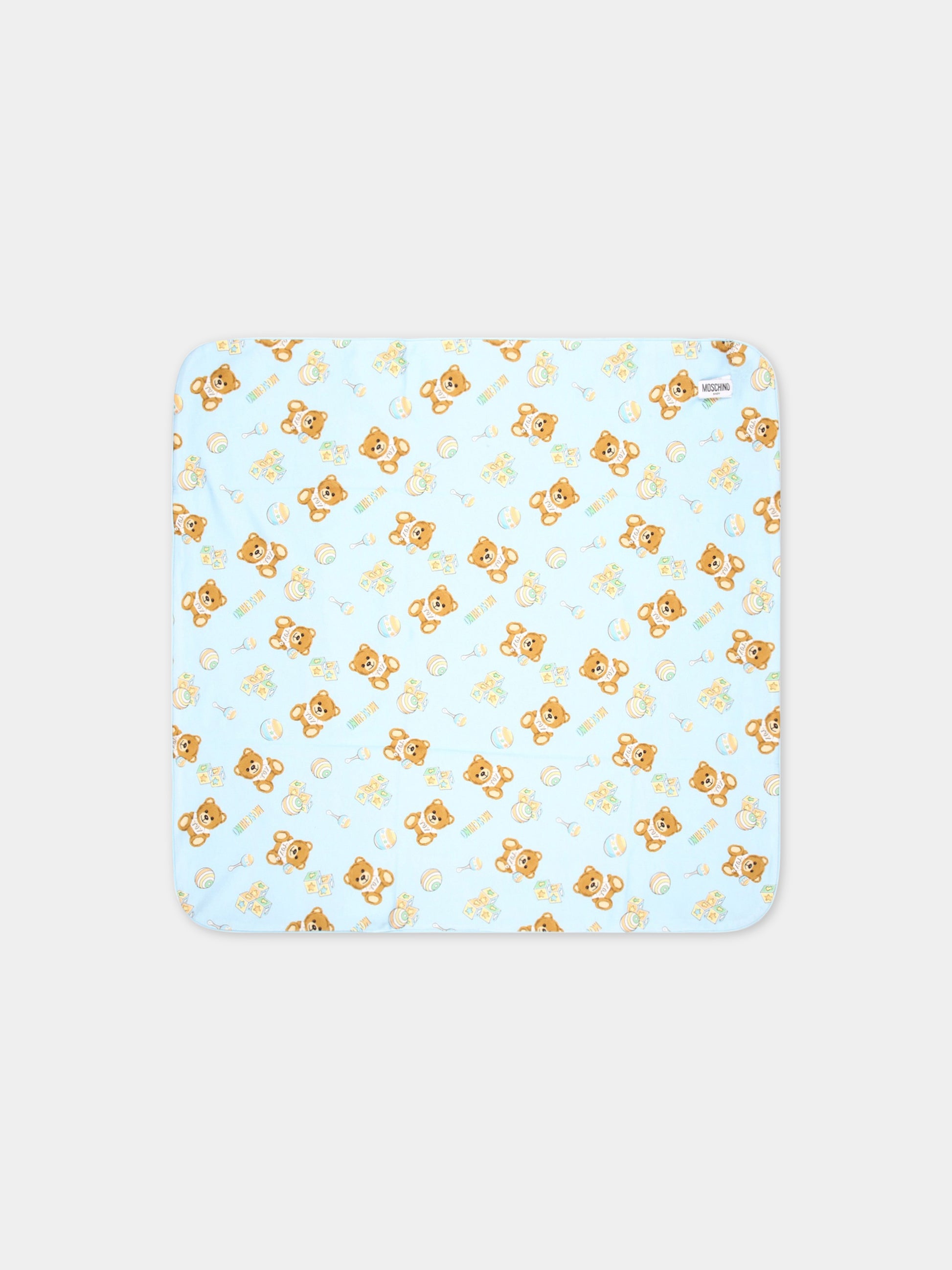 Coperta celeste per neonato con logo e Teddy Bear,Moschino Kids,MYB005 LCB34 84495