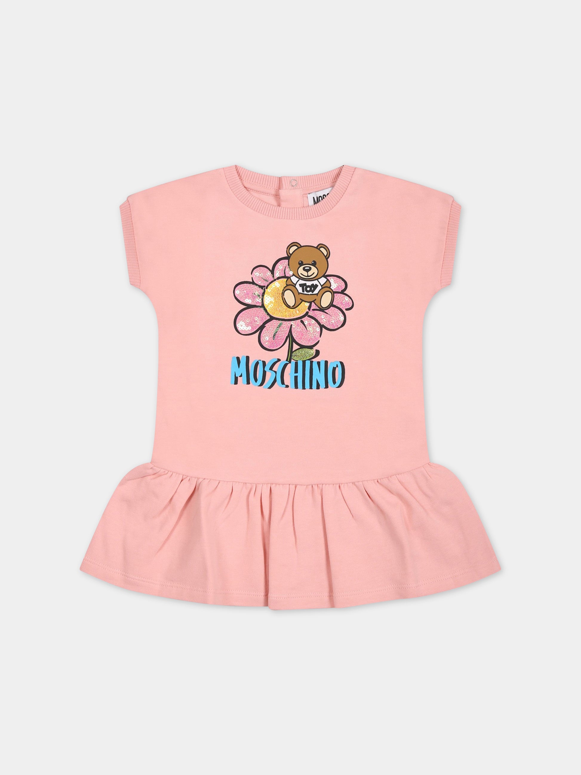 Vestito rosa per neonata con Teddy Bear e fiore,Moschino Kids,MEV06U LDA12 50209