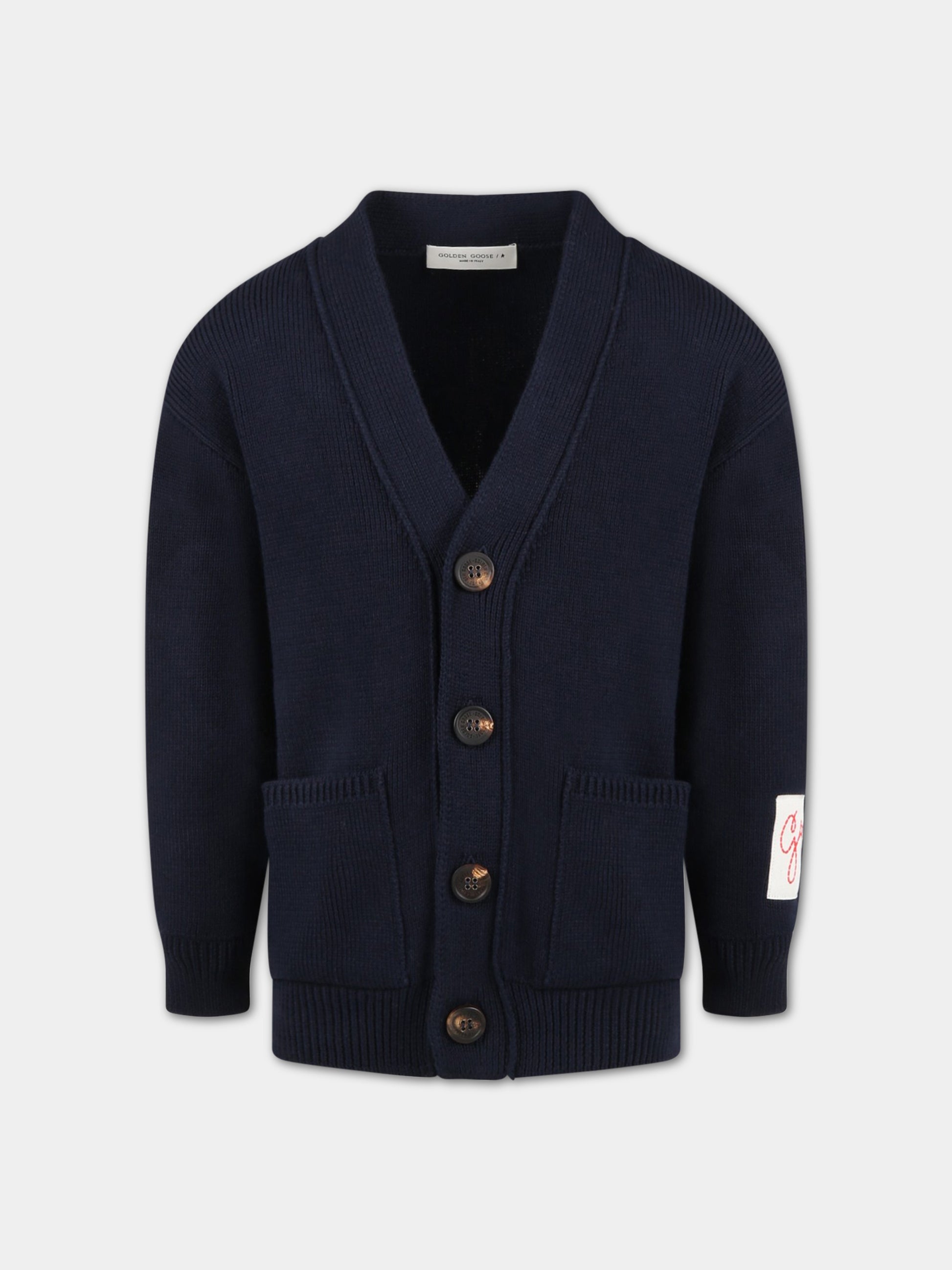 Cardigan blu per bambino con logo avorio,Golden Goose,GYP01400 P001082 50501