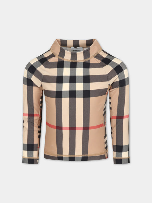 T-shirt beige anti UV per bambini con iconico check vintage,Burberry Kids,8061981