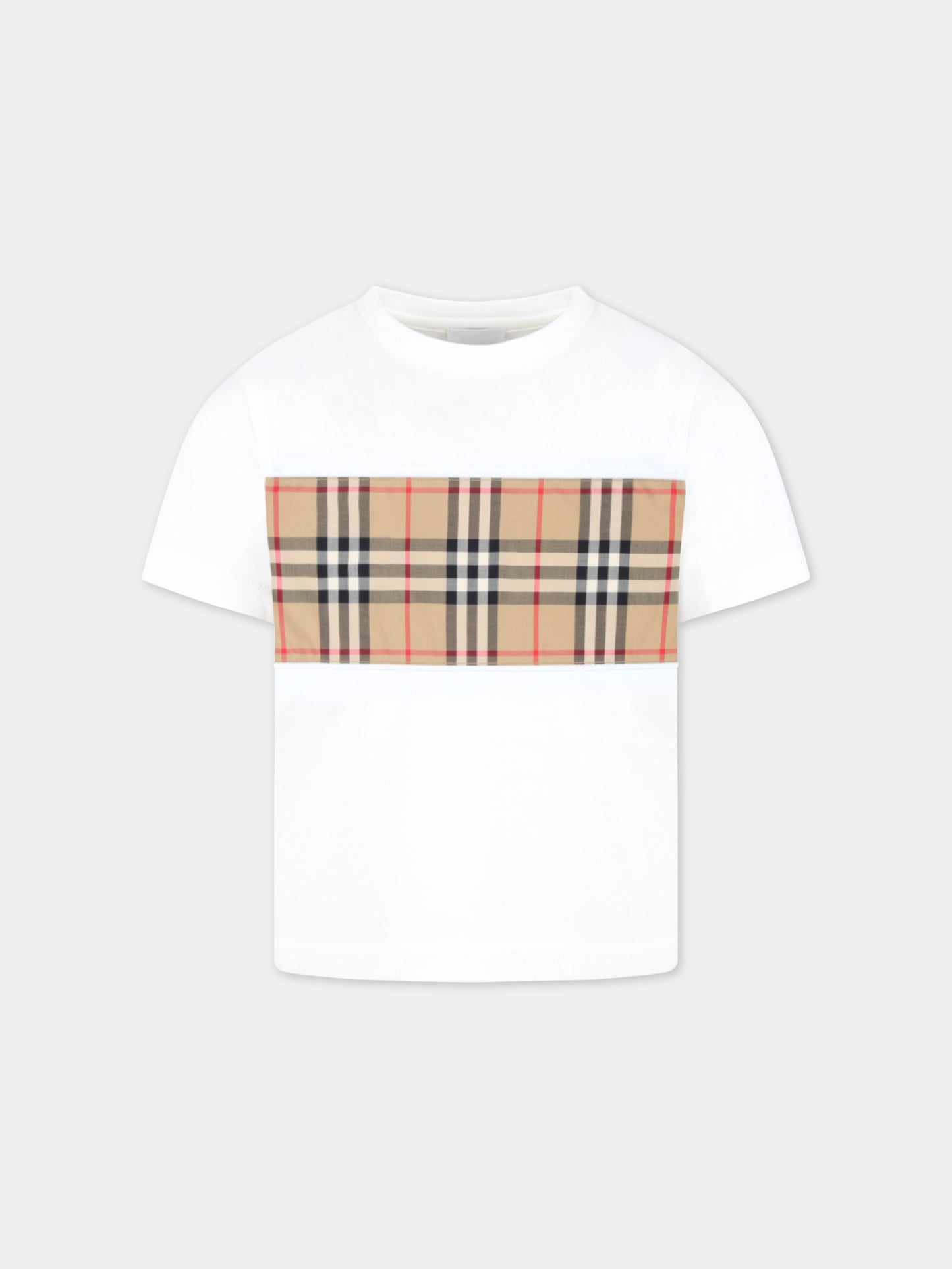 T-shirt bianca per bambini con check vintage e logo nero,Burberry Kids,8064783