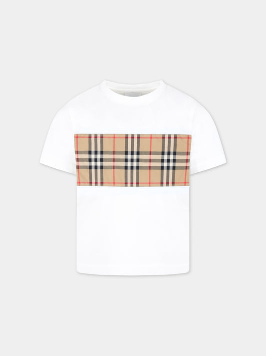 T-shirt bianca per bambini con check vintage e logo nero,Burberry Kids,8064783