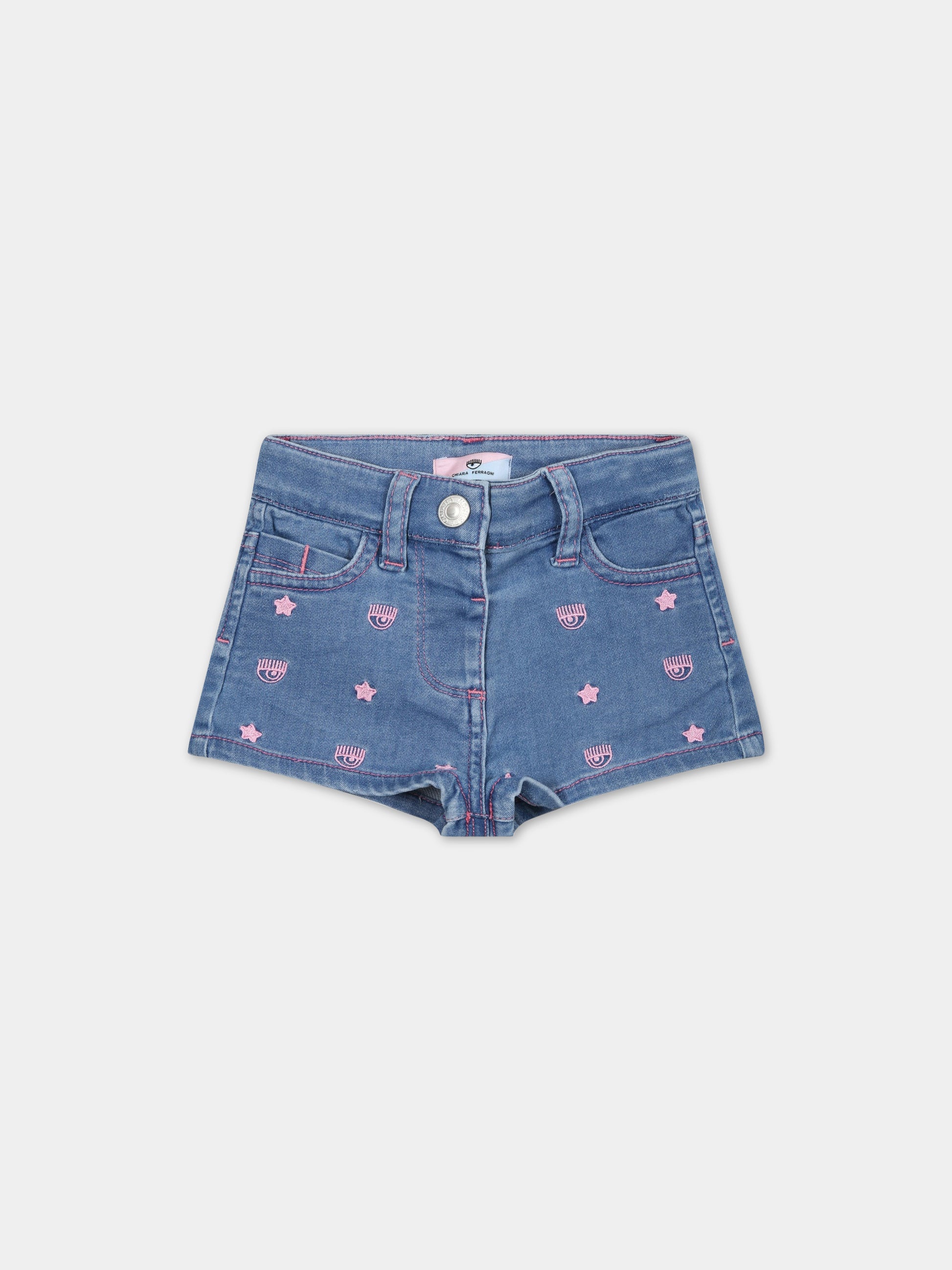 Shorts celesti per neonata con iconici occhi e stelle,Chiara Ferragni Collection,53A406 1003 0062