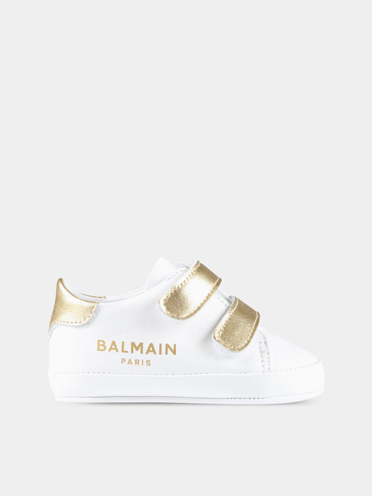 Sneakers bianche da culla per neonato con logo dorato,Balmain Kids,BS0586 Y0051 100OR