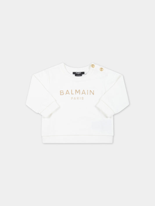 Felpa bianca per neonata con logo dorato,Balmain Kids,BS4000 Z0001 102