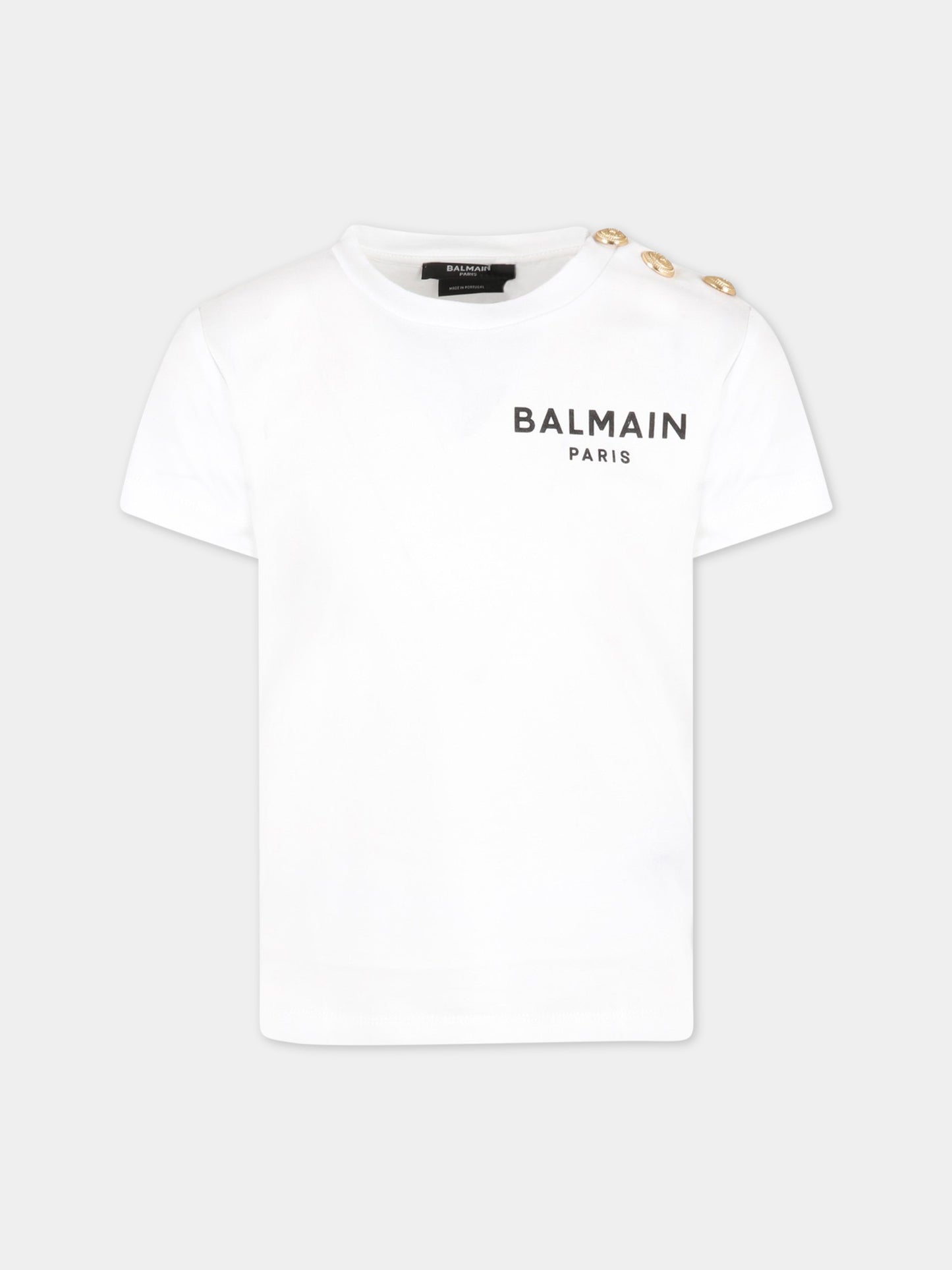 T-shirt bianca per bambino con logo nero e iconici bottoni,Balmain Kids,BS8P21 Z0057 100OR