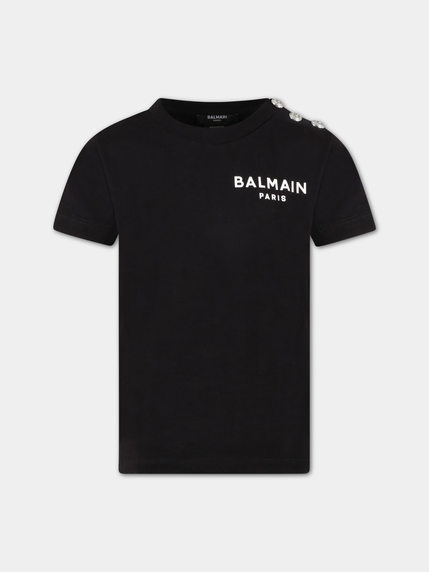 T-shirt nera per bambino con logo bianco e iconici bottoni,Balmain Kids,BS8P21 Z0057 930AG