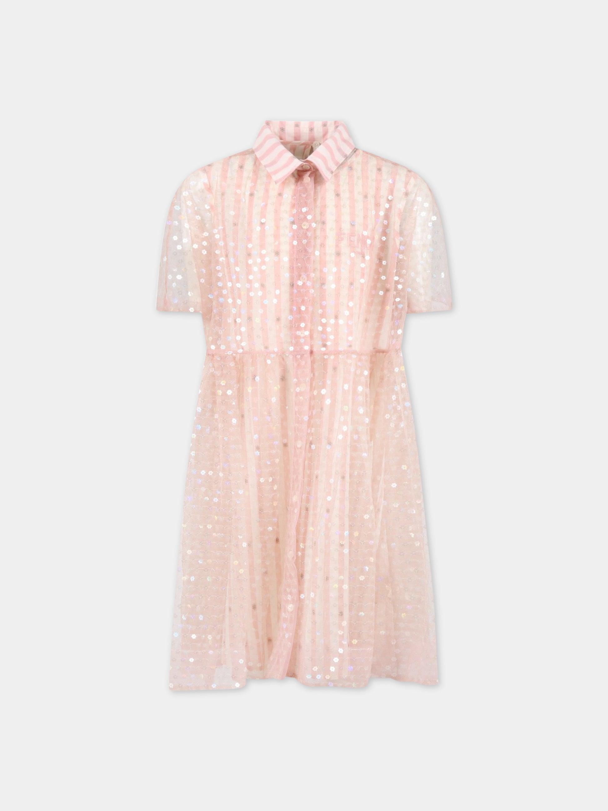 Vestito rosa per bambina con logo e paillettes,Fendi Kids,JFB562 ALO8 F16WG