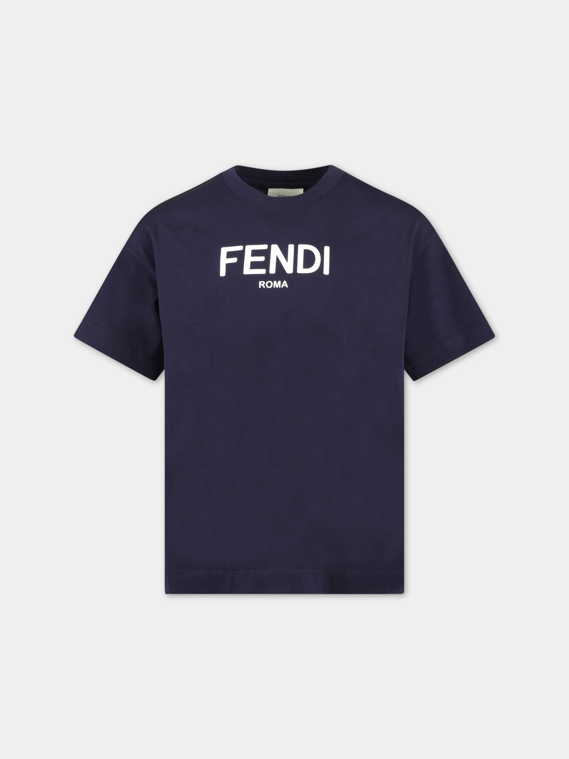 T-shirt blu per bambini con logo bianco,Fendi Kids,JUI137 7AJ F0QB0