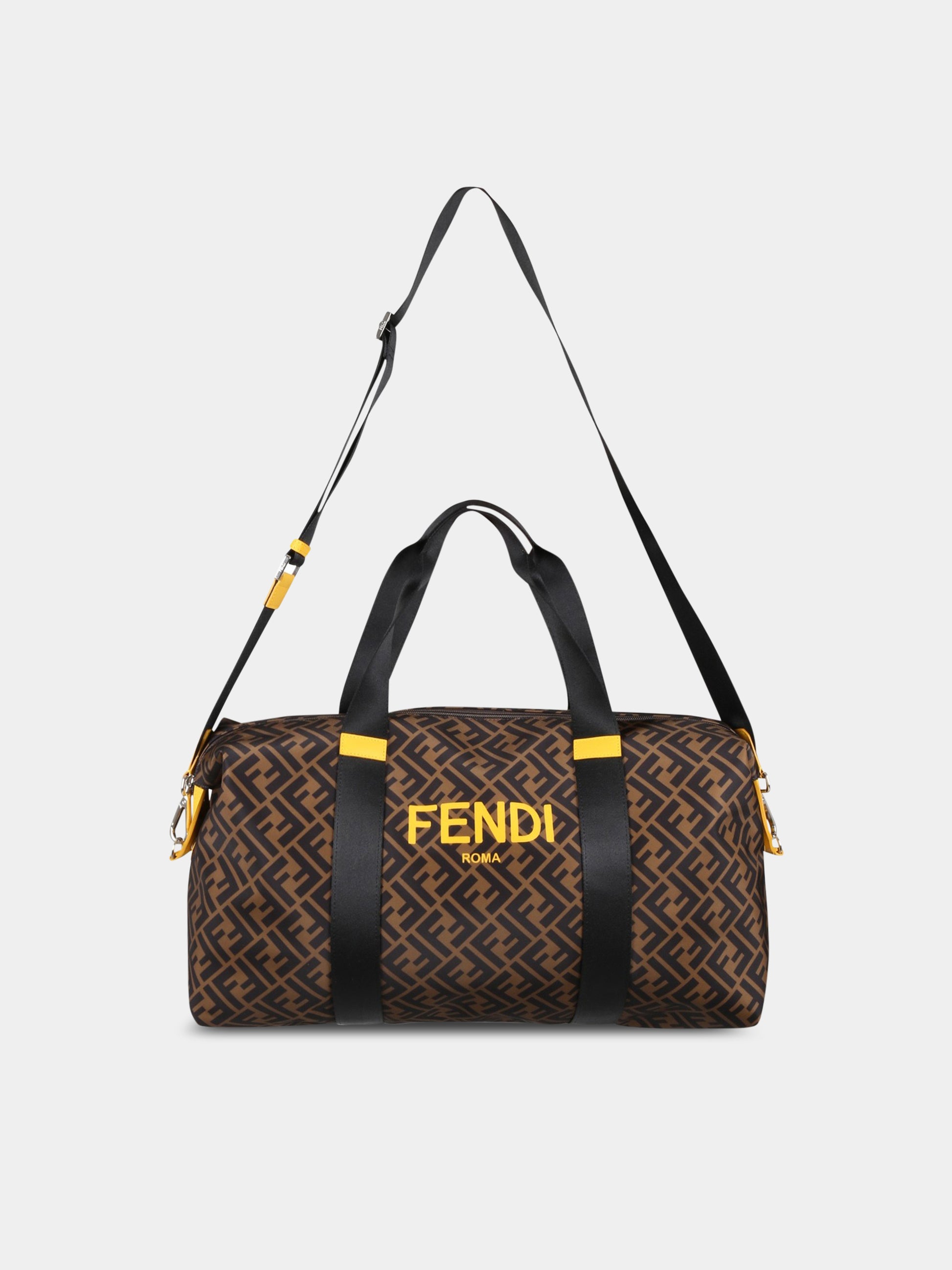 Borsone marrone per bambini con FF e logo giallo,Fendi Kids,8BH359 AKPV F1I7L