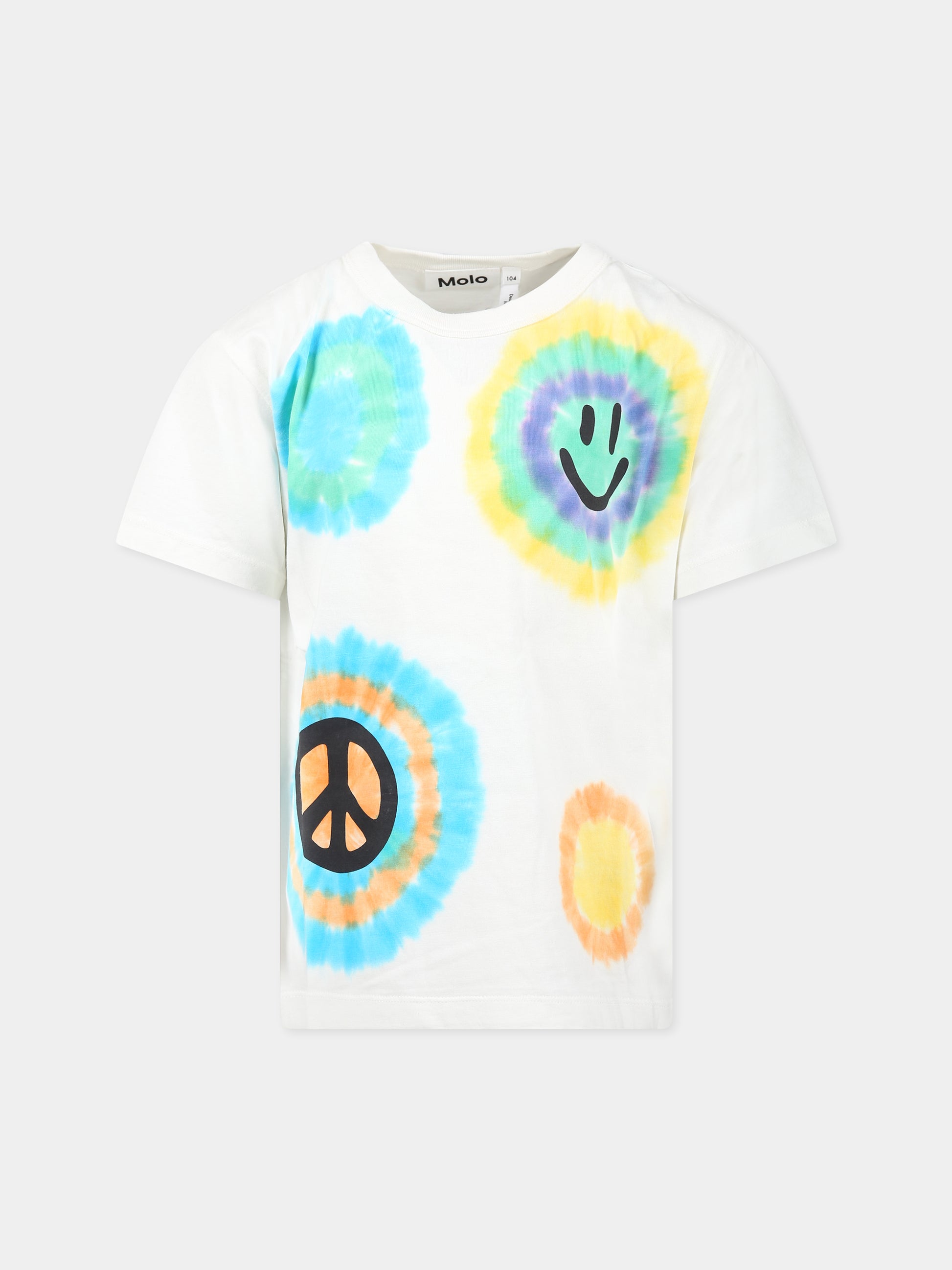 T-shirt avorio per bambini con stampa tie-dye, simbolo della pace e smile,Molo,6S23A213 7955