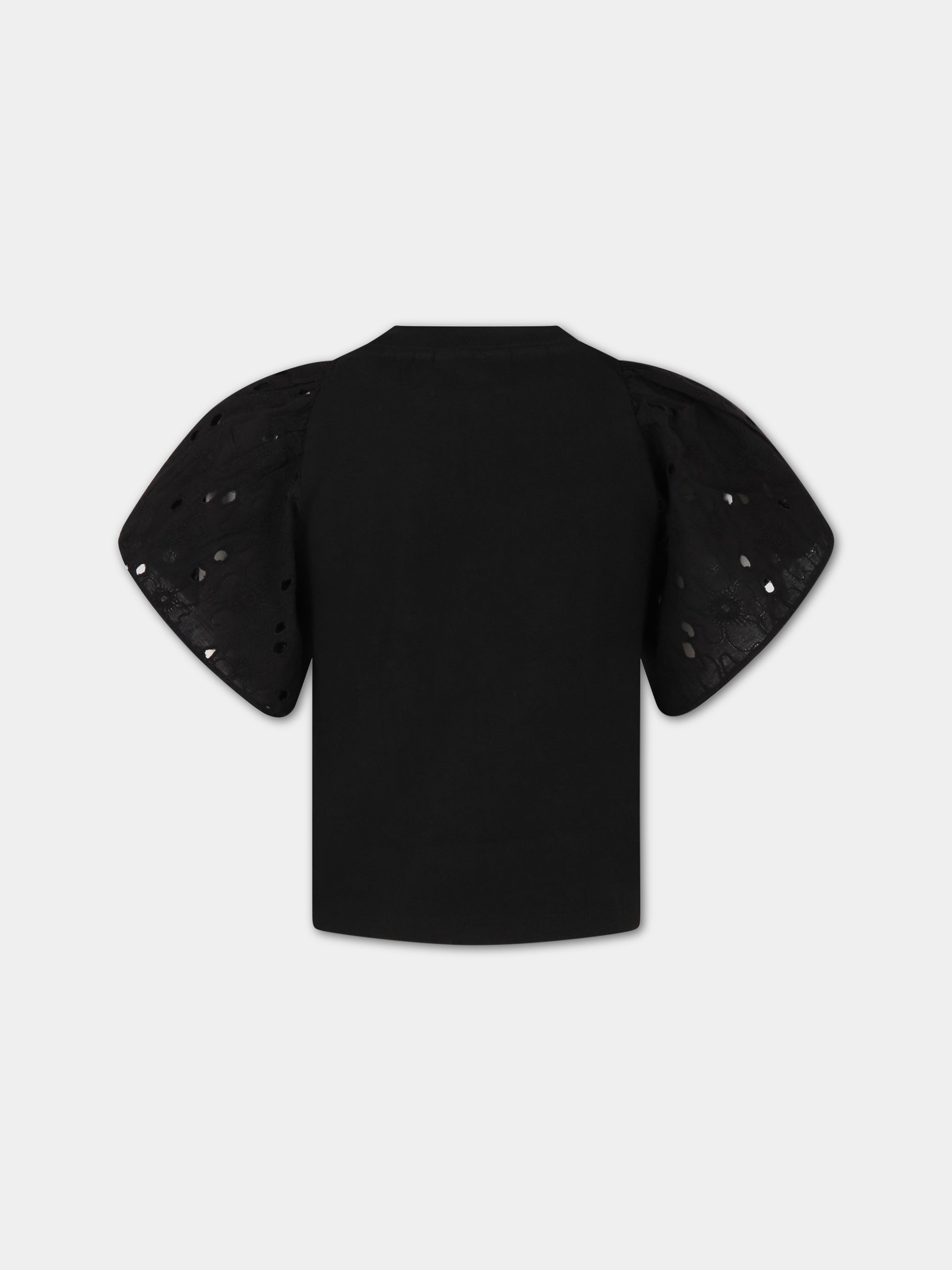 T-shirt nera per bambina con fiori e patch logato,Molo,2S23A204 0099