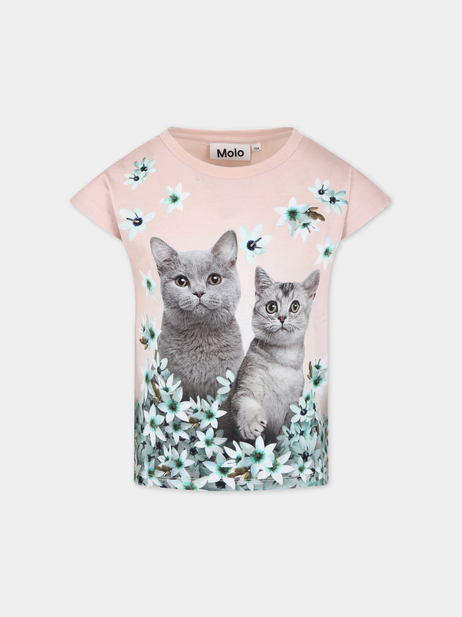 T-shirt rosa per bambina con gatti e fiori,Molo,2S23A226 3269