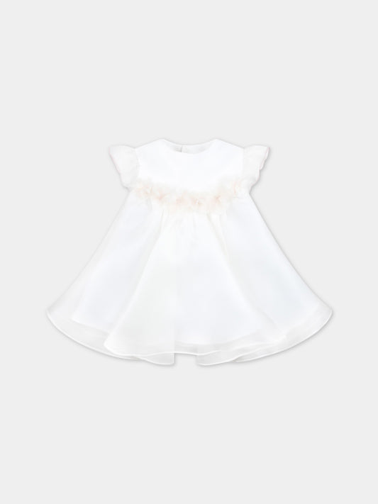 Vestito bianco per neonata con fiori applicati,La Stupenderia,CBAB56O06 U10