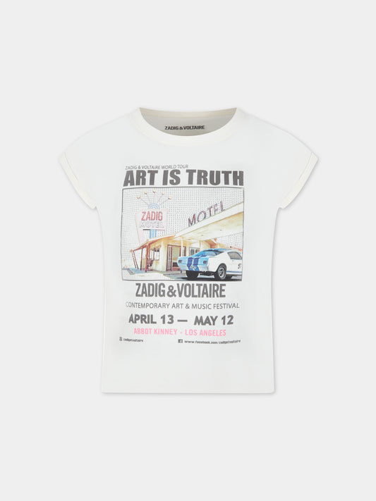 T-shirt avorio per bambina con logo e stampa,Zadig & Voltaire Kids,X15380 140