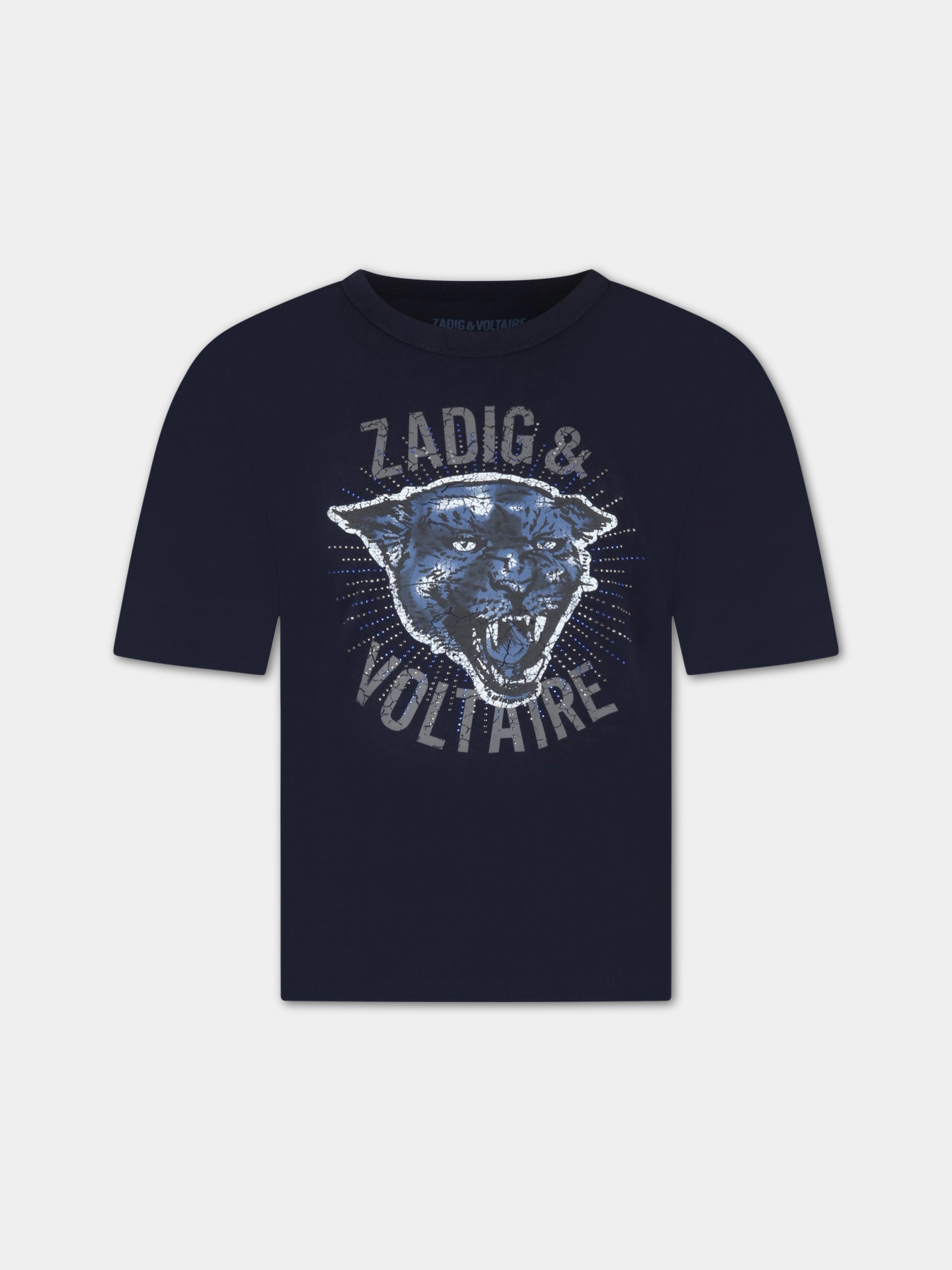 T-shirt blu per bambina con tigre e logo,Zadig & Voltaire Kids,X15386 83D
