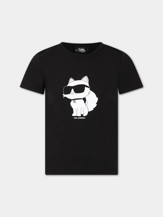 T-shirt nera per bambina con stampa e logo,Karl Lagerfeld Kids,Z15416 09B