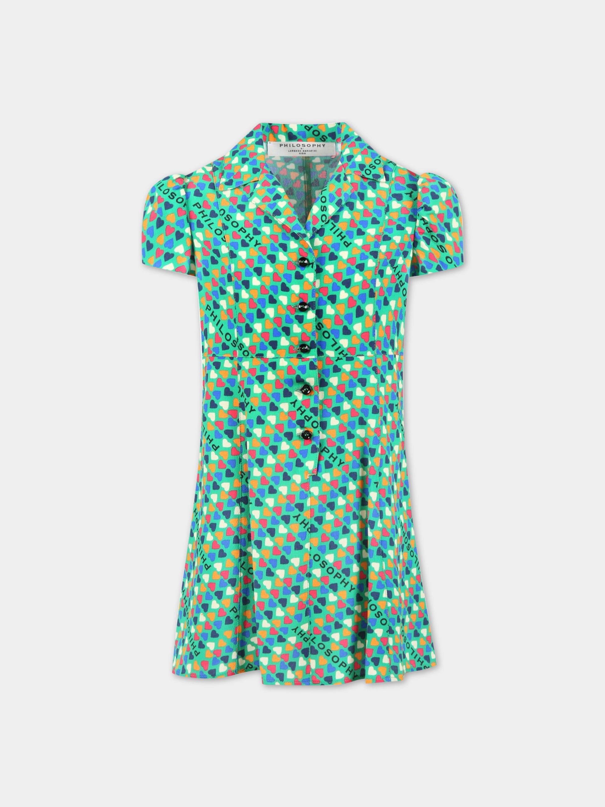 Vestito verde per bambina con cuori e logo,Philosophy,PJAB248 GA111 1002