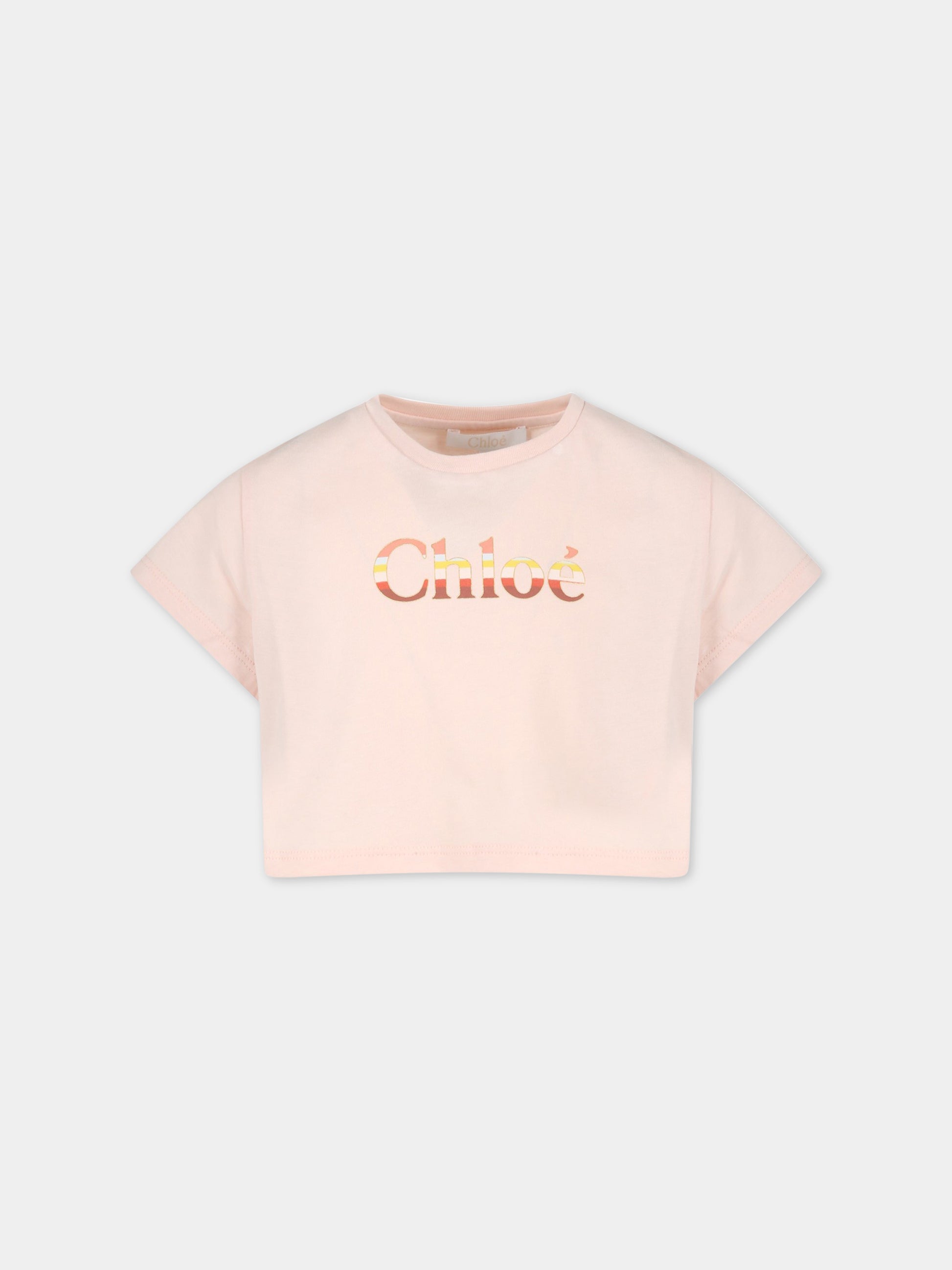 T-shirt rosa per bambina con logo multicolor,Chloé Kids,C15E07 45K