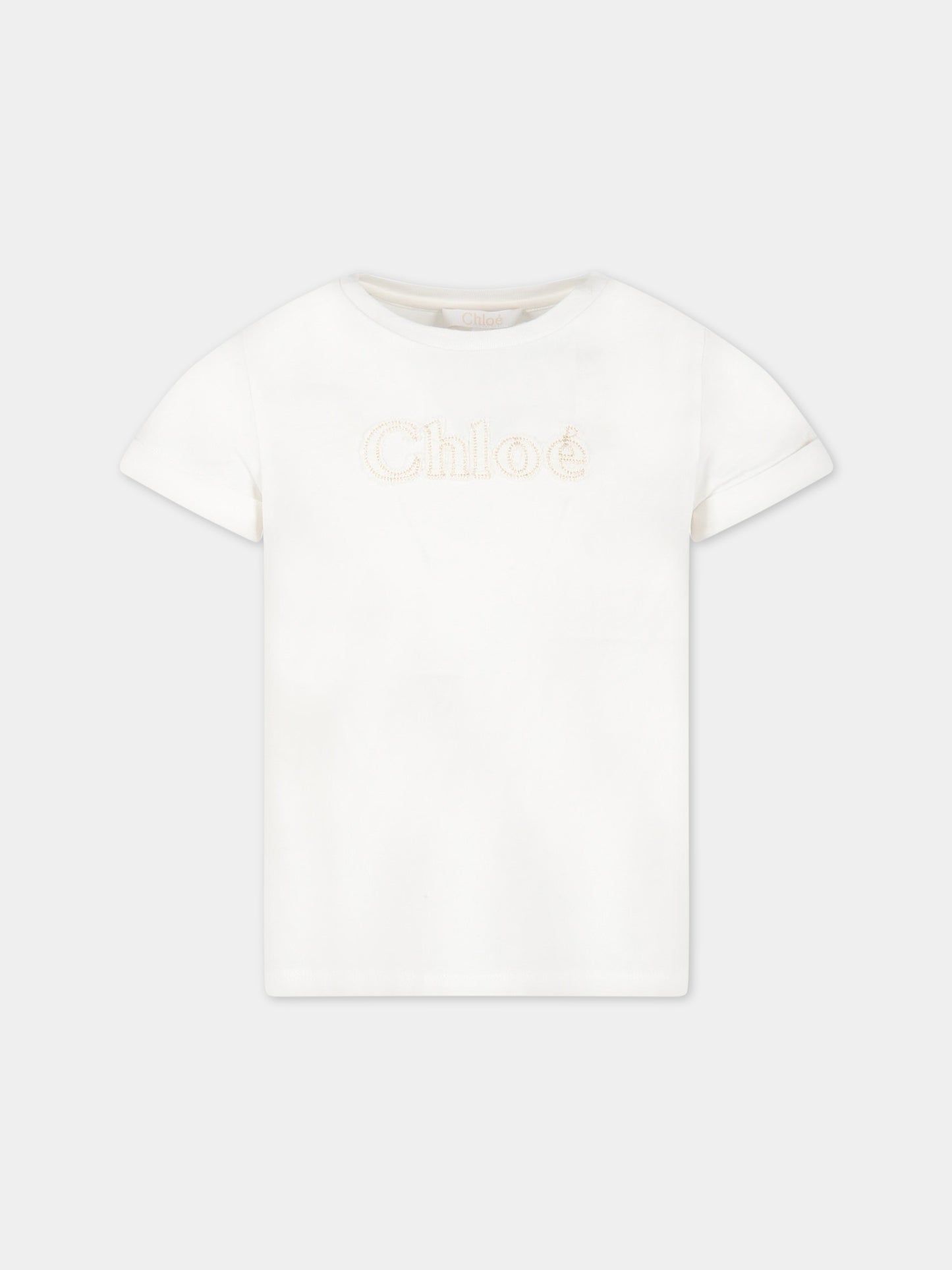 T-shirt bianca per bambina con logo avorio,Chloé Kids,C15E03 117