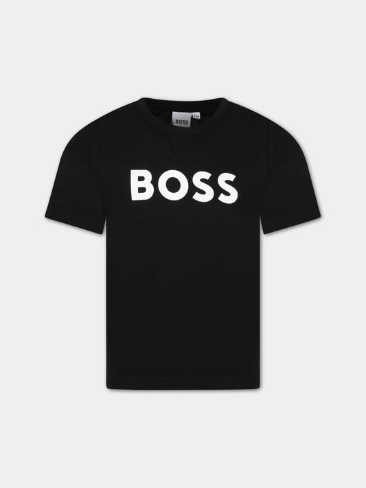 T-shirt nera per bambino con logo bianco,Boss,J25P24 09B