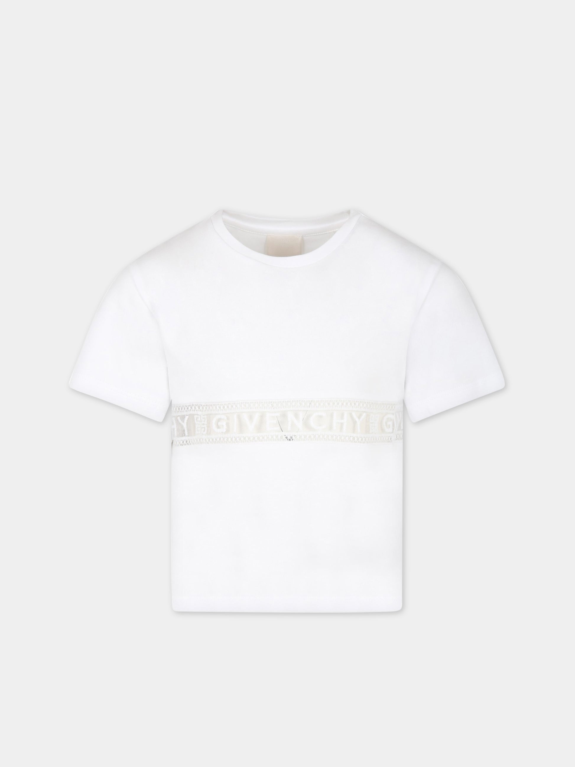 T-shirt bianca per bambina con banda logata,Givenchy Kids,H15297 10P