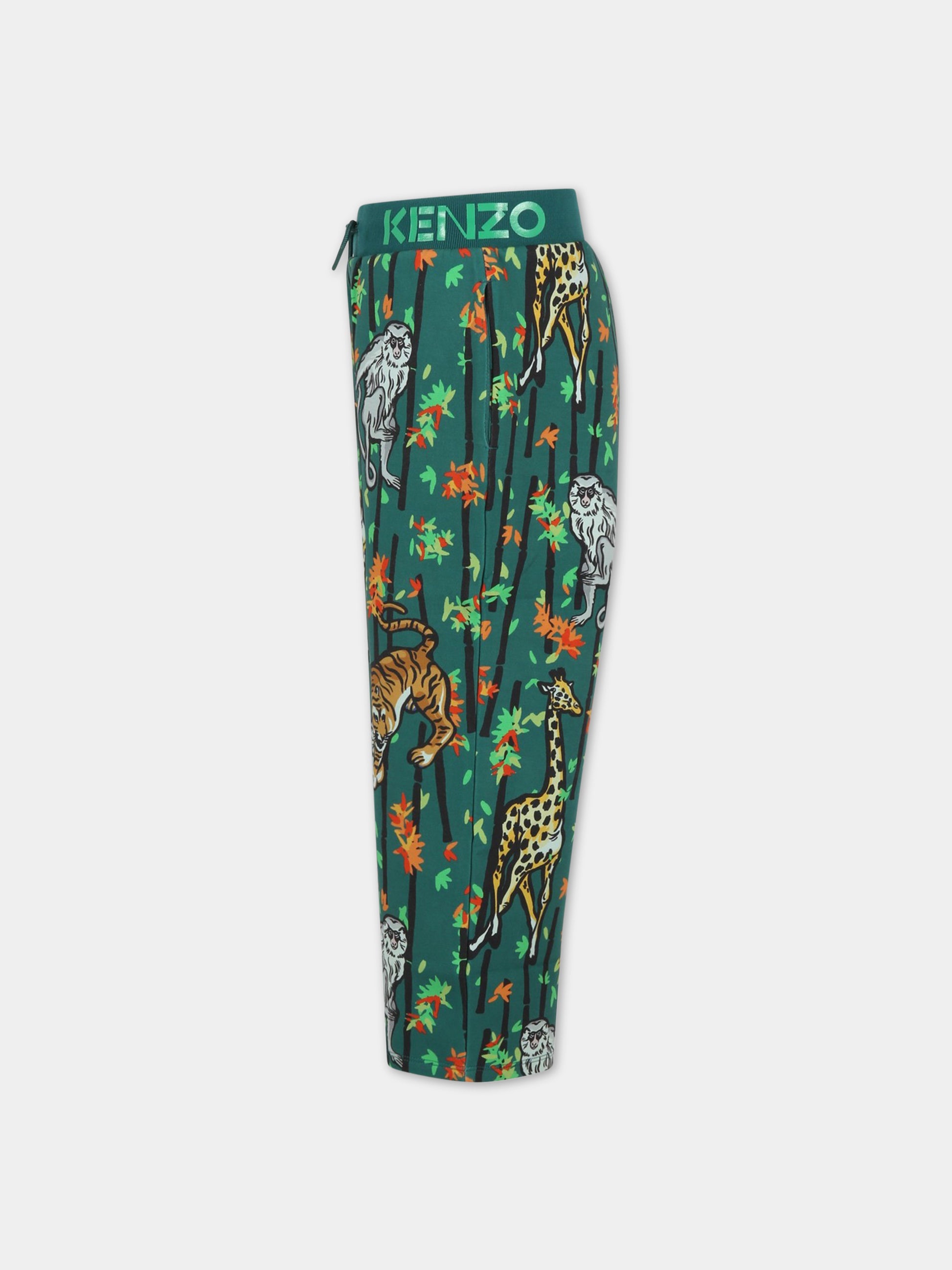 Pantaloni verdi da tuta per bambino con stampa giungla all-over e logo,Kenzo Kids,K24293 678