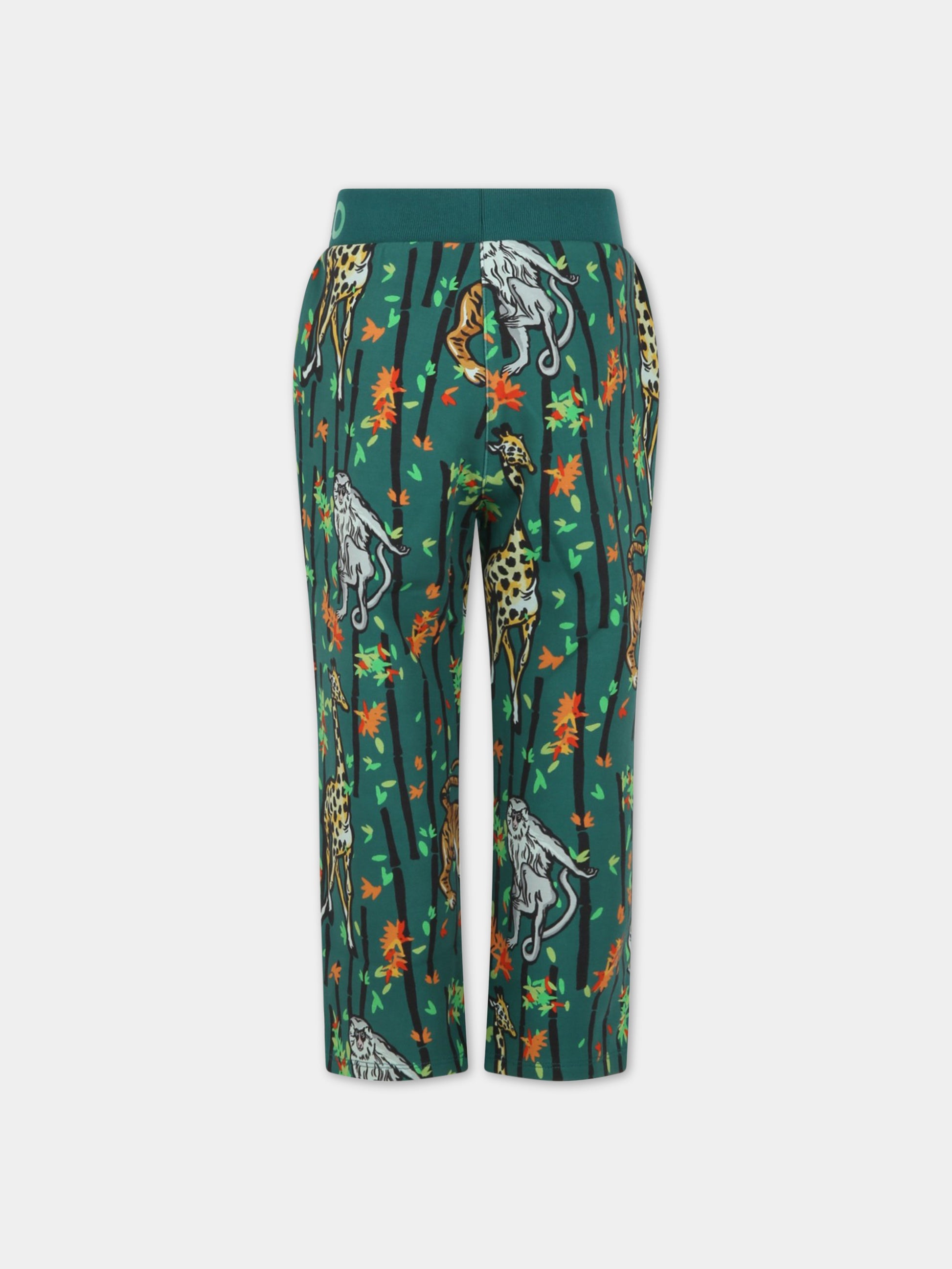 Pantaloni verdi da tuta per bambino con stampa giungla all-over e logo,Kenzo Kids,K24293 678