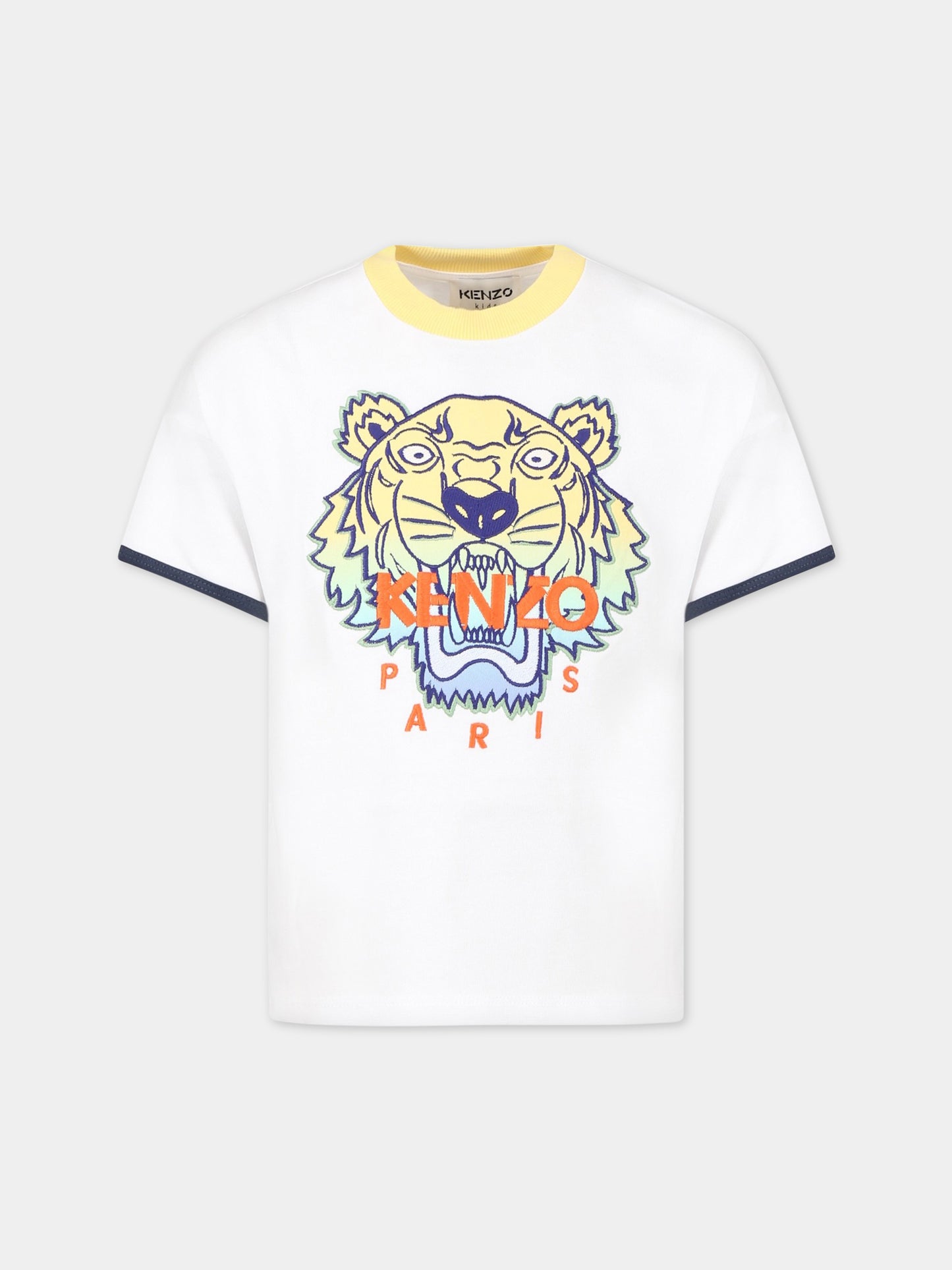 T-shirt bianca per bambino con iconica tigre  e logo,Kenzo Kids,K25804 10P