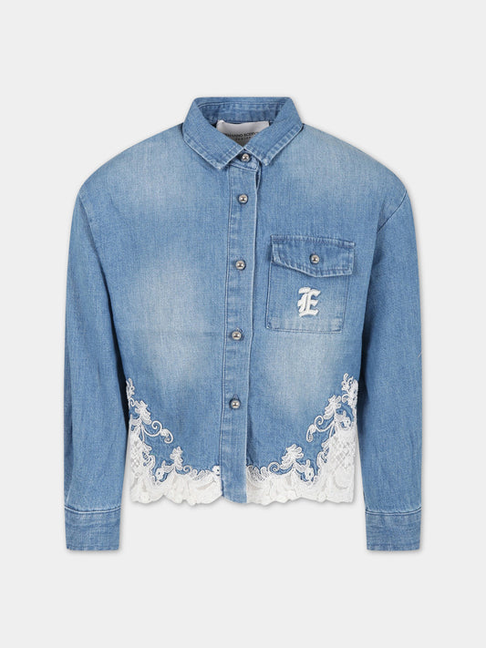 Camicia blu per bambina con logo,Ermanno Scervino Junior,SFCA040C DF020 4006