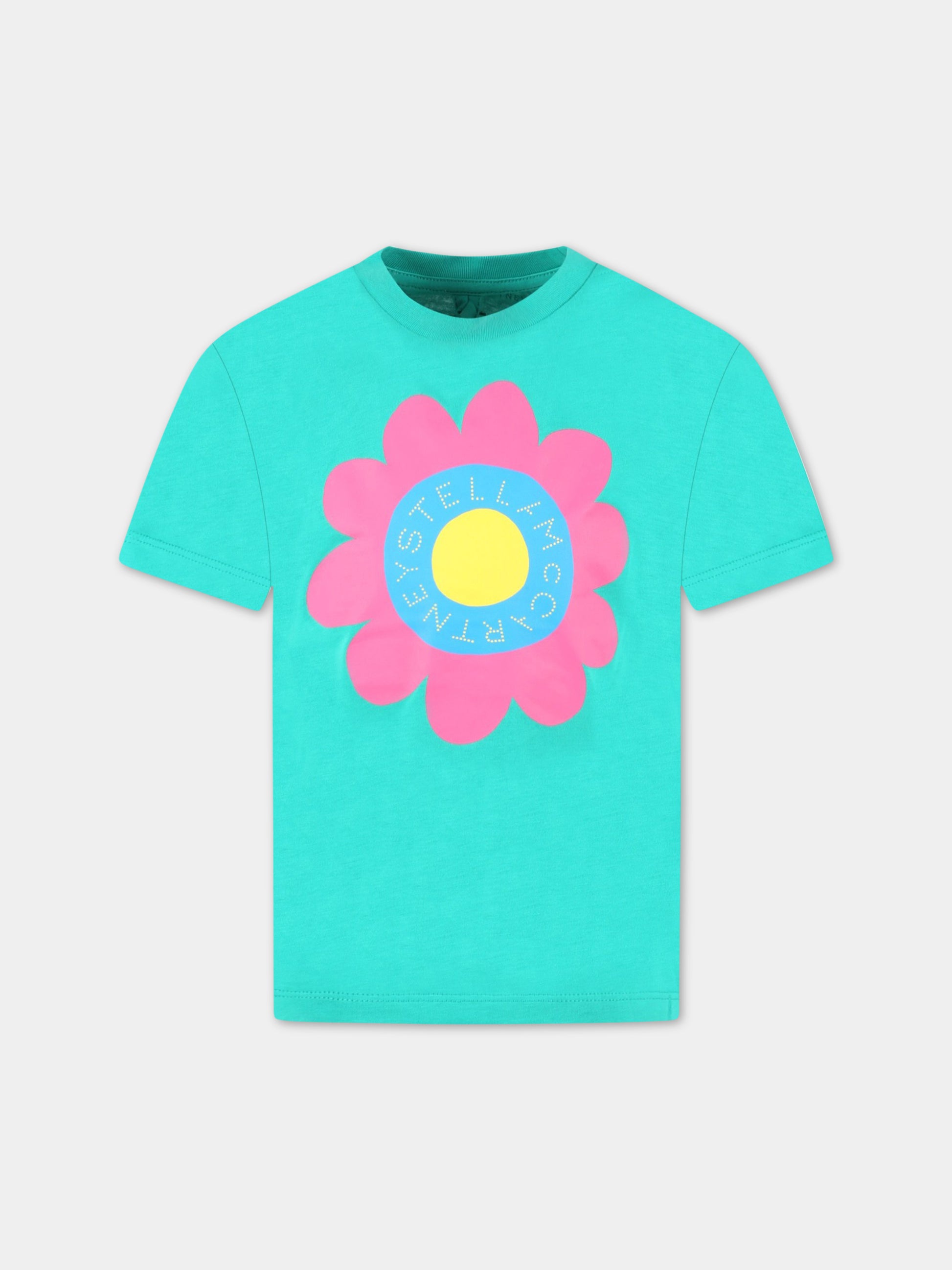 T-shirt verde per bambina con fiore e logo,Stella Mccartney Kids,TS8B01 Z0434  716