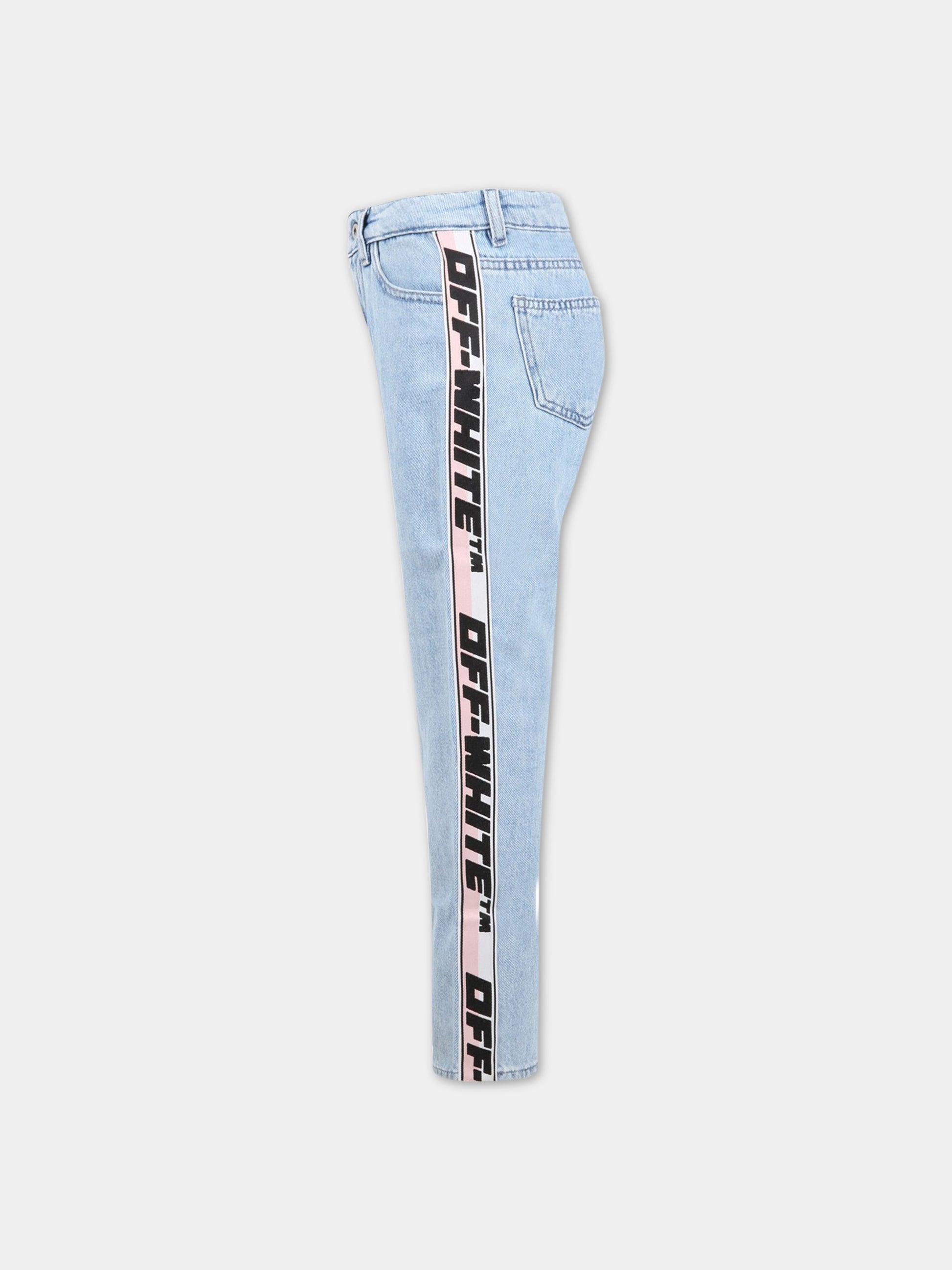 Jeans celesti per bambina con banda logata,Off White,OGYA003S23DEN0014410