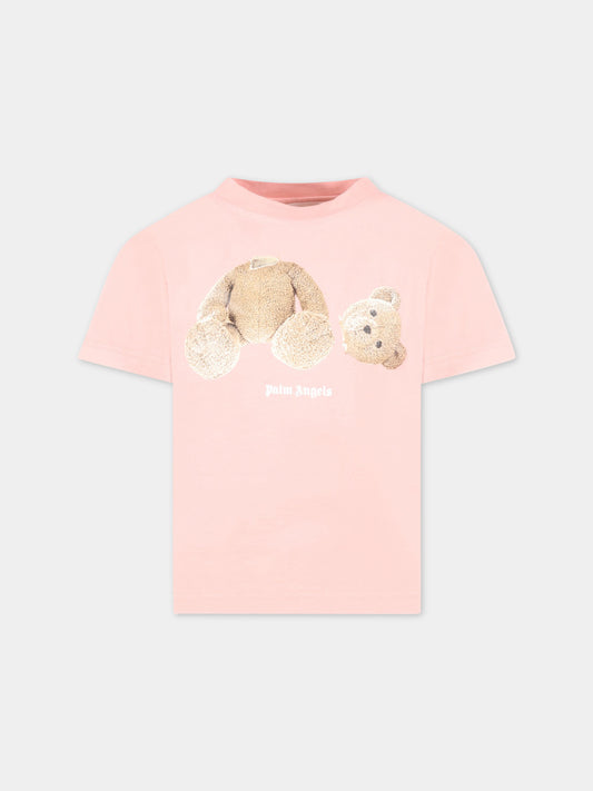 T-shirt rosa per bambina con orso e logo bianco,Palm Angels,PGAA002C99JER0013060