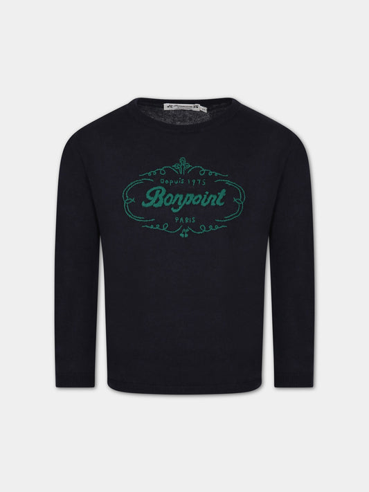 Maglione blu per bambini con logo e iconiche ciliegie,Bonpoint,S03BJUK00001 170