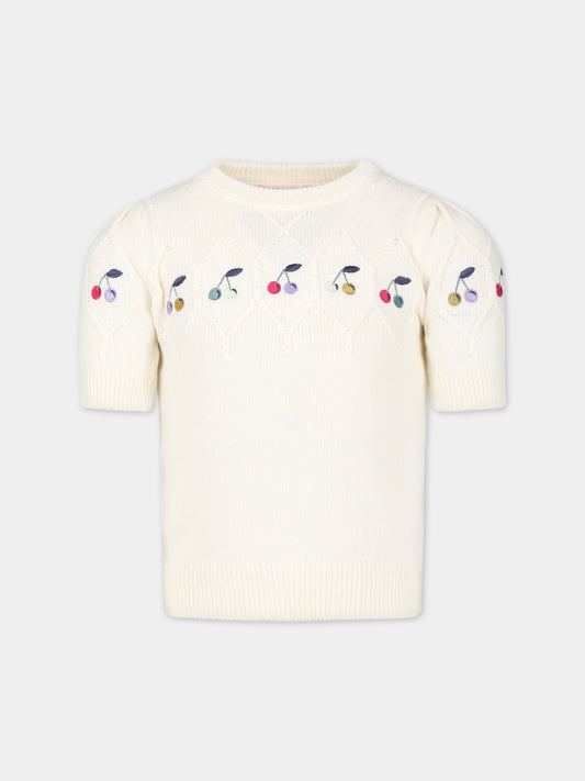 Maglione bianco per bambina con ciliegie ricamate,Bonpoint,S03GJUK00001 080