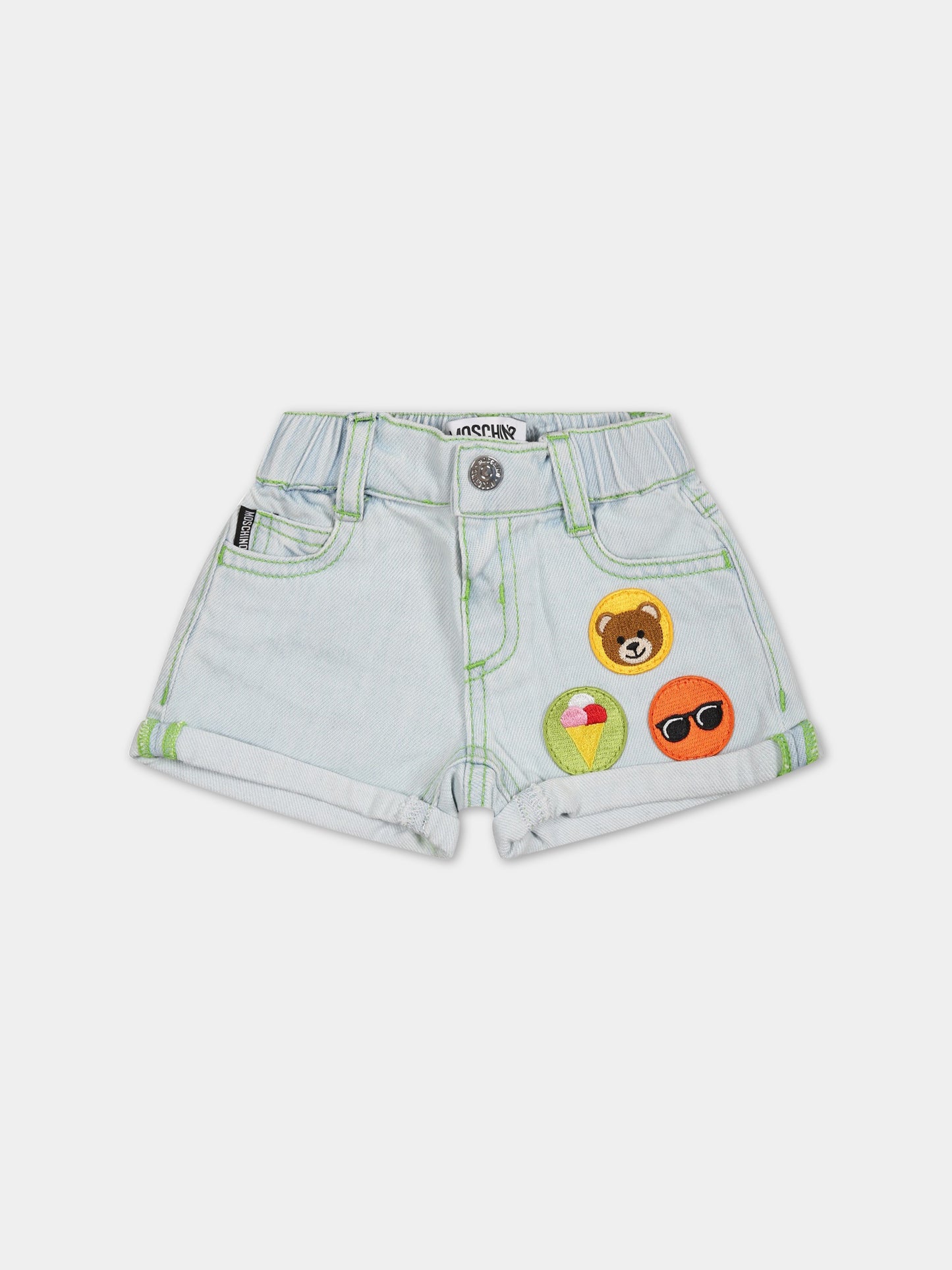Shorts celesti per neonato con patch e logo,Moschino Kids,MUQ00Q L0E12 40213