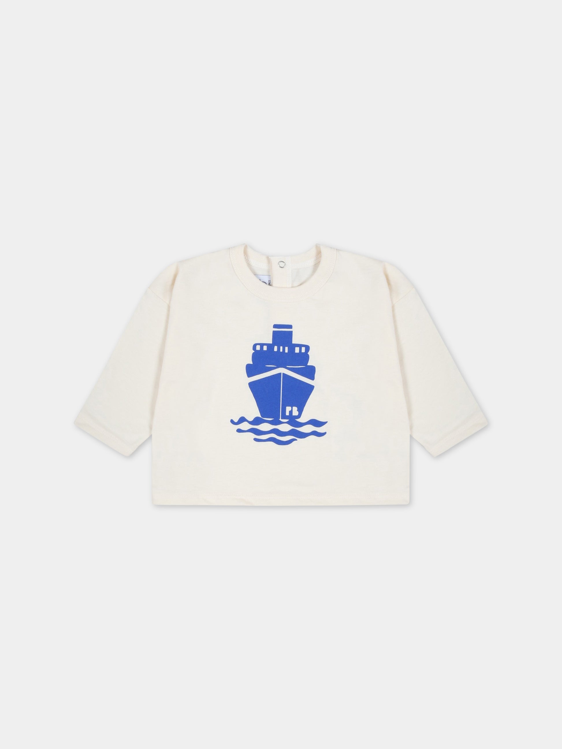 T-shirt avorio per neonato con barca blu,Petit Bateau,A07PX AVALANCHE