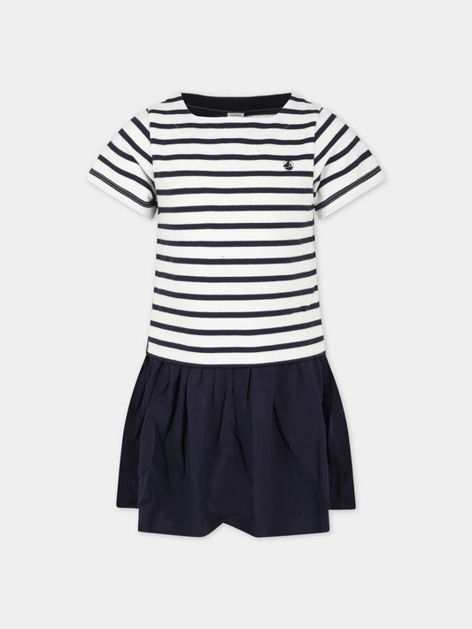 Vestito bianco per bambina con logo blu,Petit Bateau,A06V7 MARSHMALLOW/SMOKING
