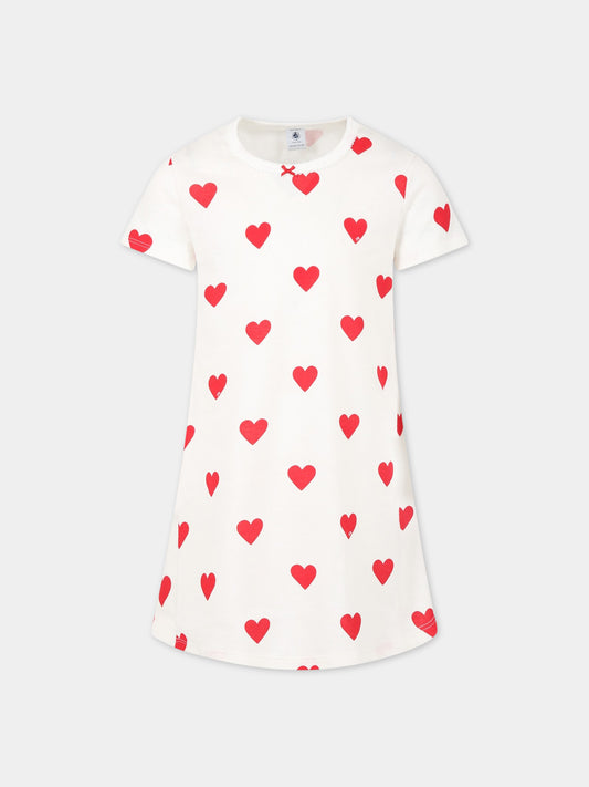 Camicia bianca da notte per bambina con cuori logati,Petit Bateau,59396 MARSHMALLOW/TERKUIT