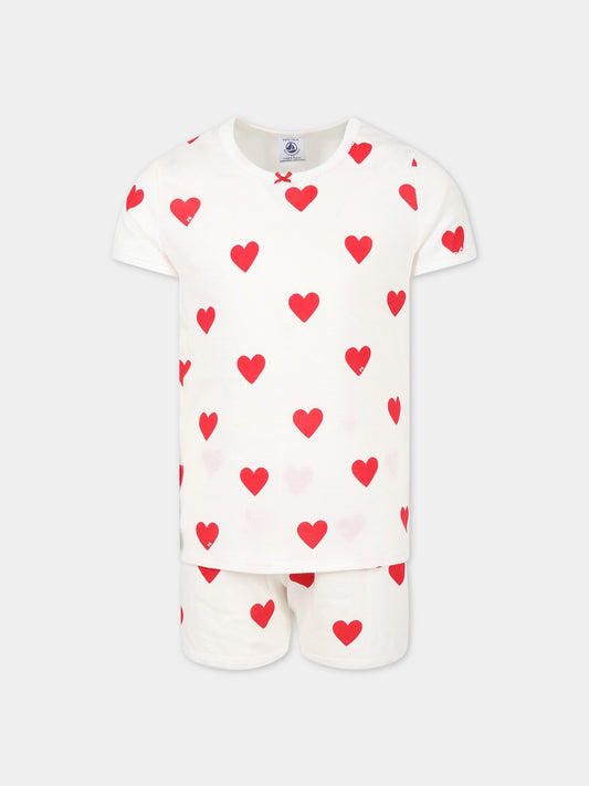 Pigiama bianco per bambina con cuori logati,Petit Bateau,A00KG MARSHMALLOW/TERKUIT