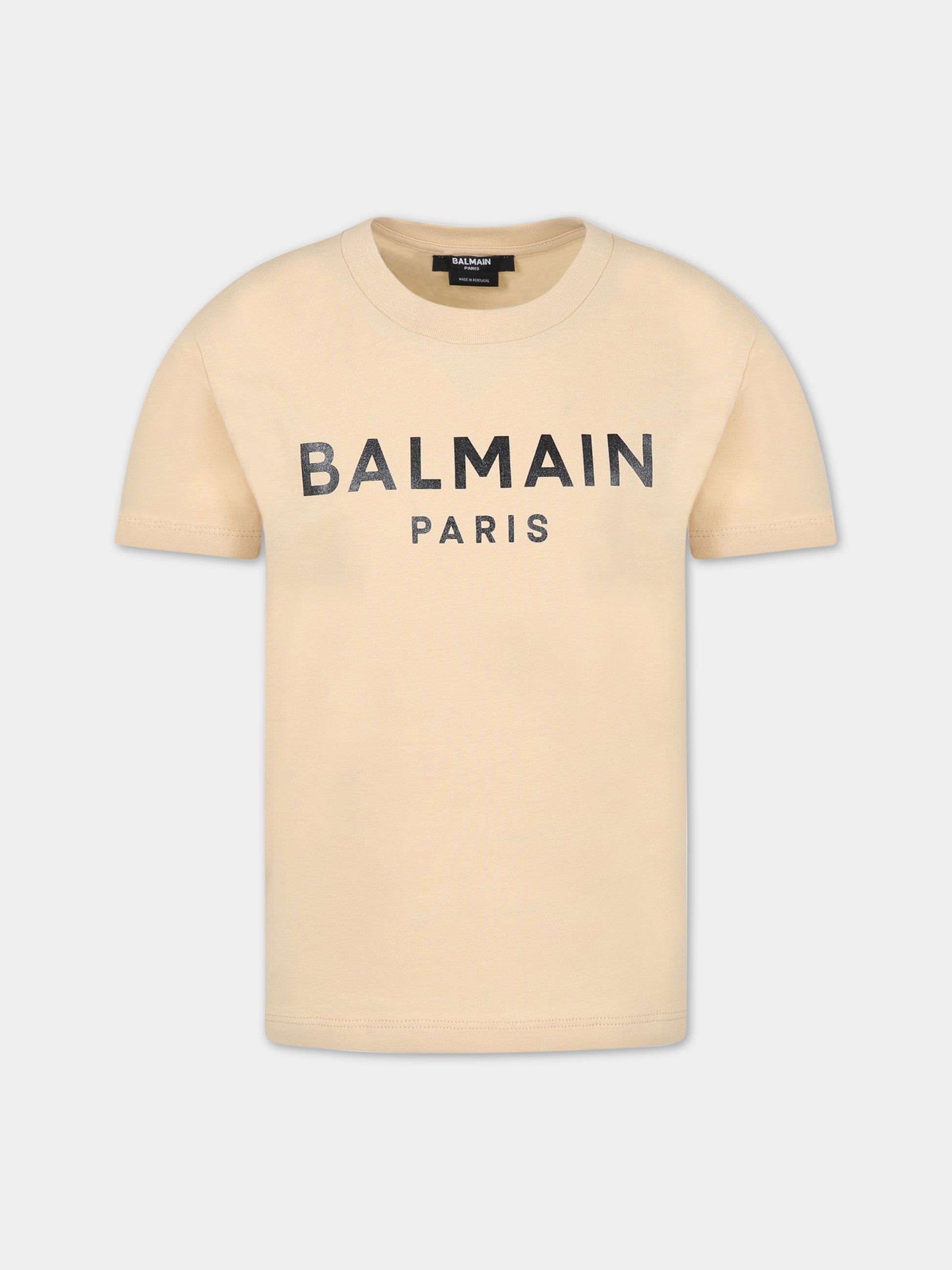 T-shirt beige per bambini con logo nero,Balmain Kids,BS8R51 Z0057 120NE