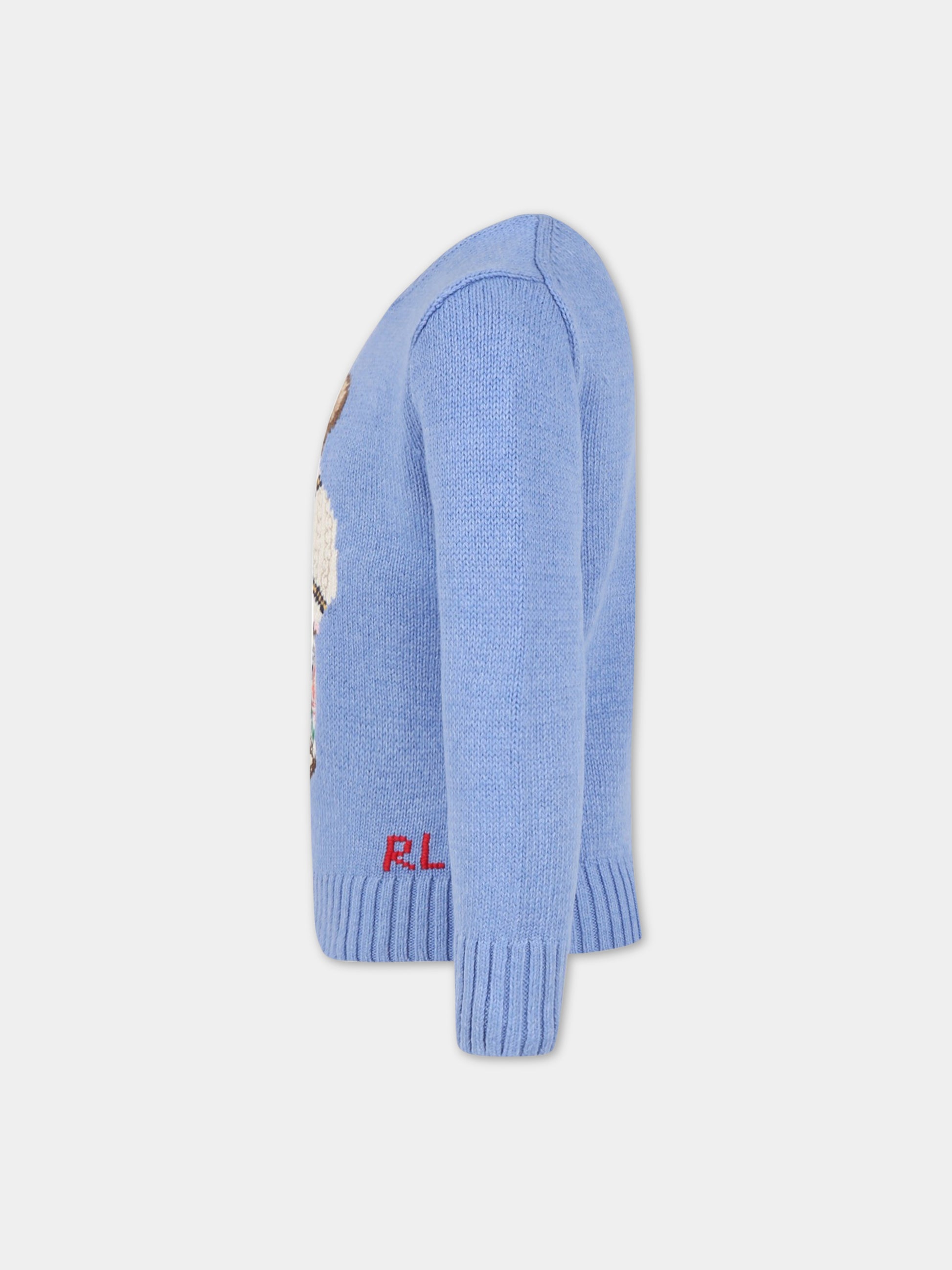Maglione celeste per bambino con orso e logo,Ralph Lauren Kids,900999001