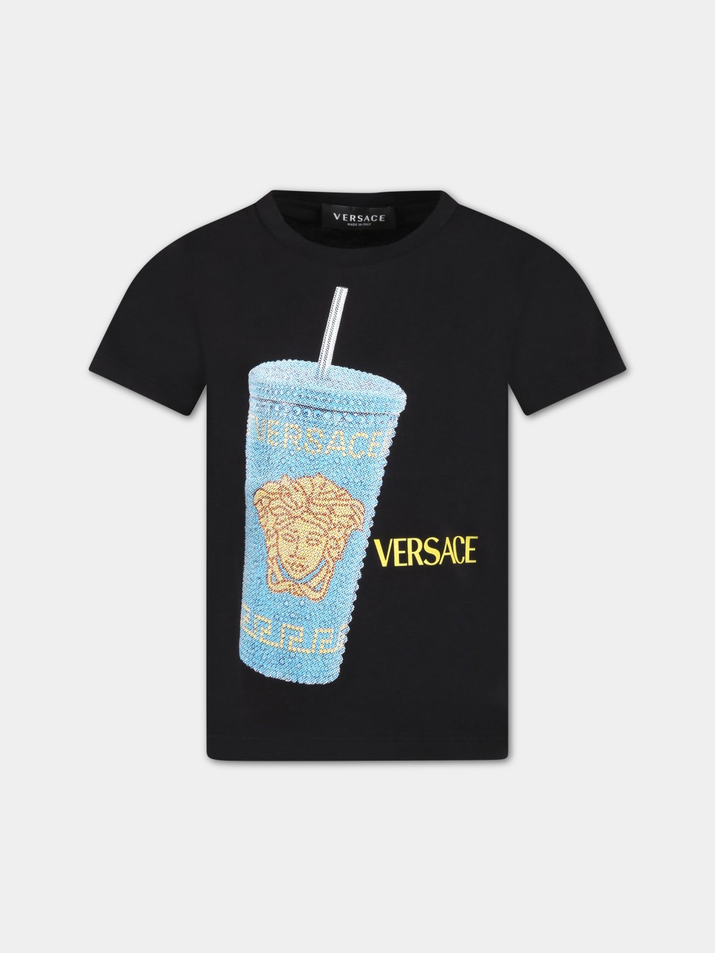 T-shirt nera per bambino con logo giallo,Versace,1000239 1A05779 2BE00