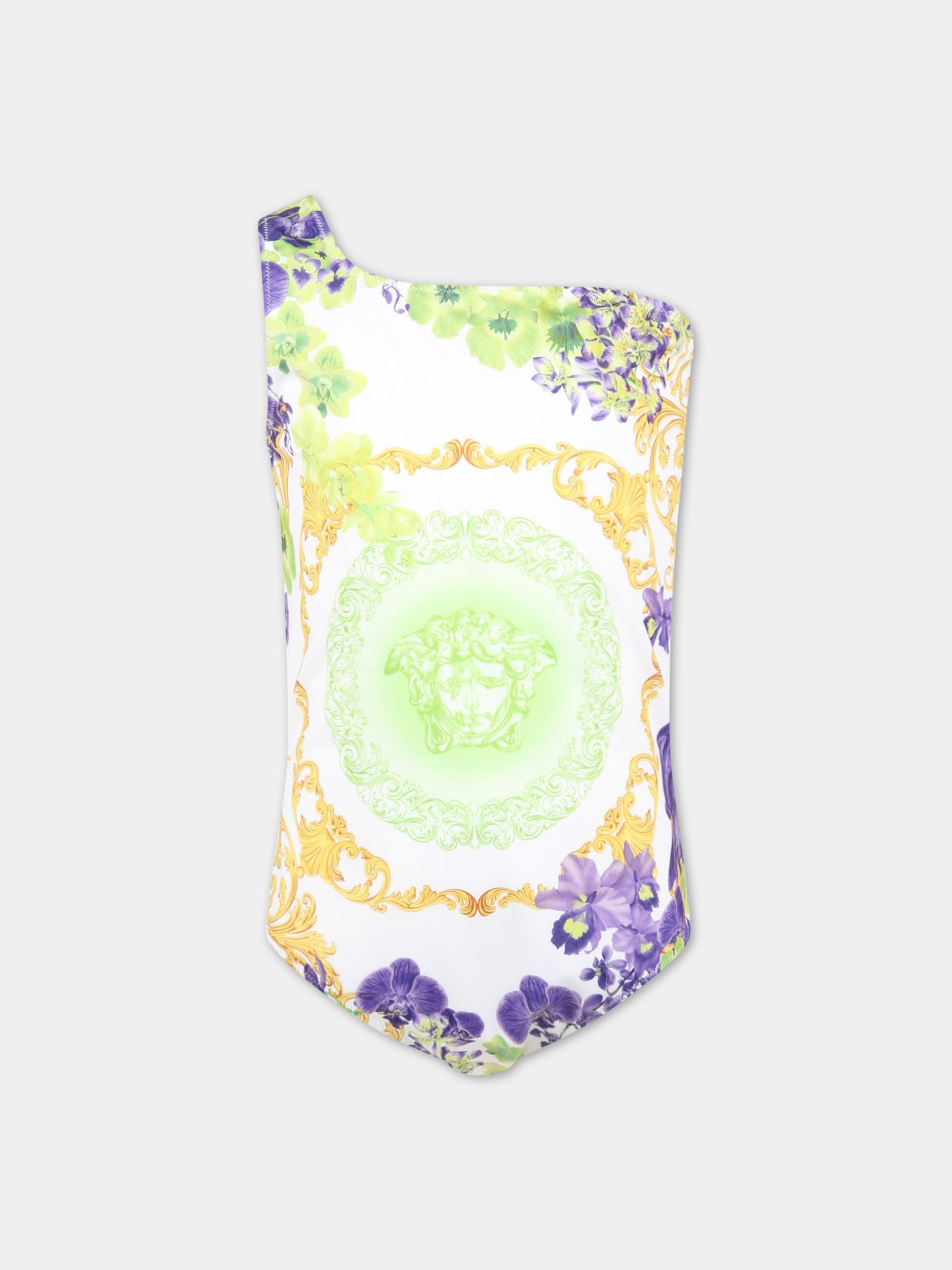 Costume bianco da bagno per bambina con Medusa,Versace,1009630 1A06957 5W270