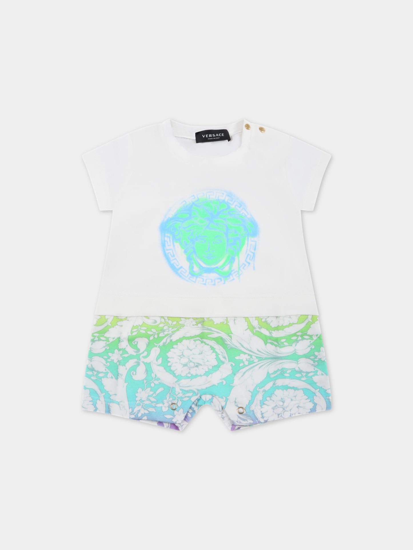 Pagliaccetto multicolor per neonato con stampa barocco e Medusa,Versace,1002648 1A06262 6W080