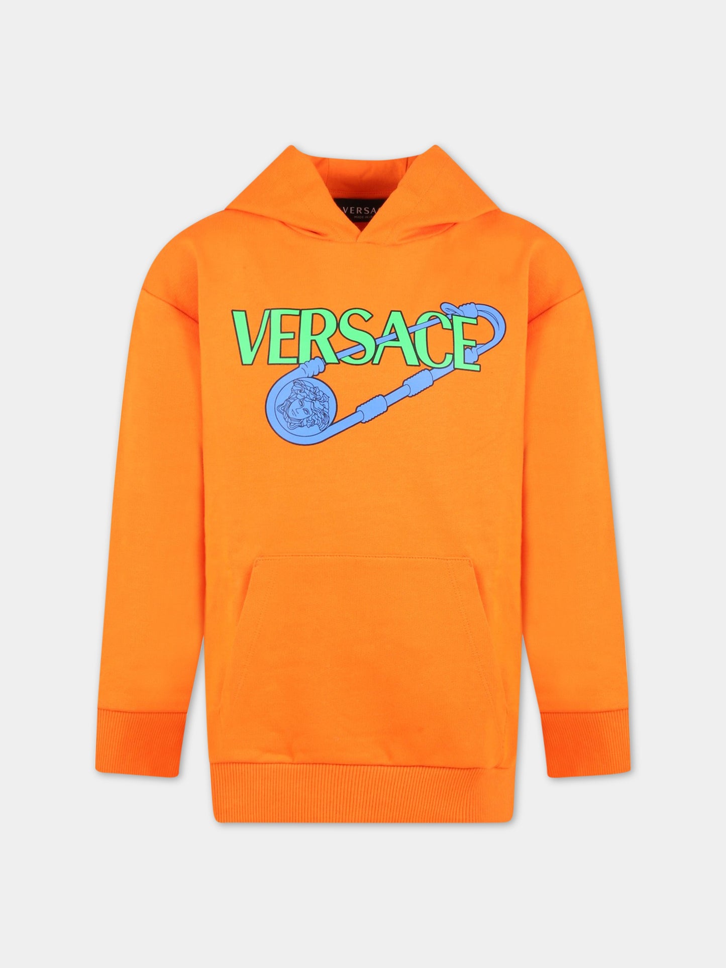 Felpa arancione per bambino con logo e Spilla Safety,Versace,1007359 1A04697 2O410