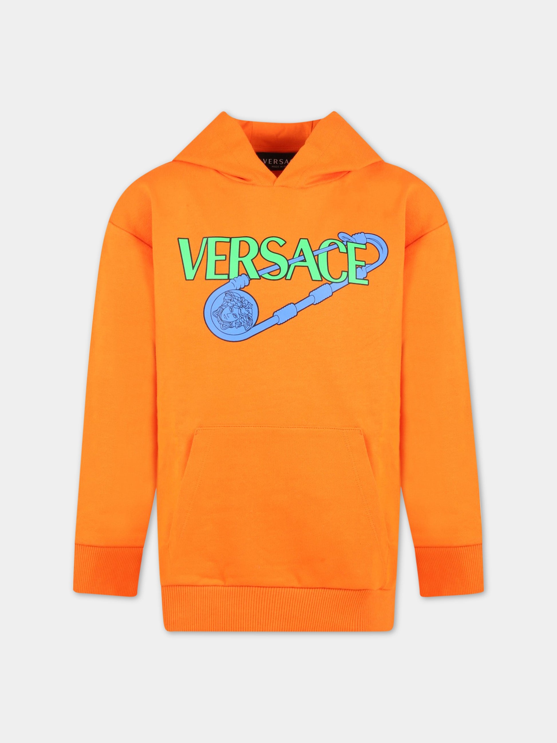 Felpa arancione per bambino con logo e Spilla Safety,Versace,1007359 1A04697 2O410