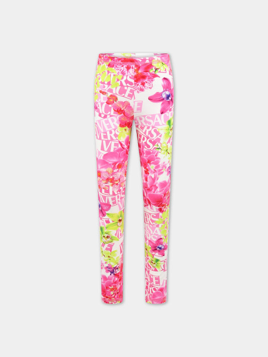 Leggings bianchi per bambina con logo e fiori,Versace,1000042 1A06474 5W020