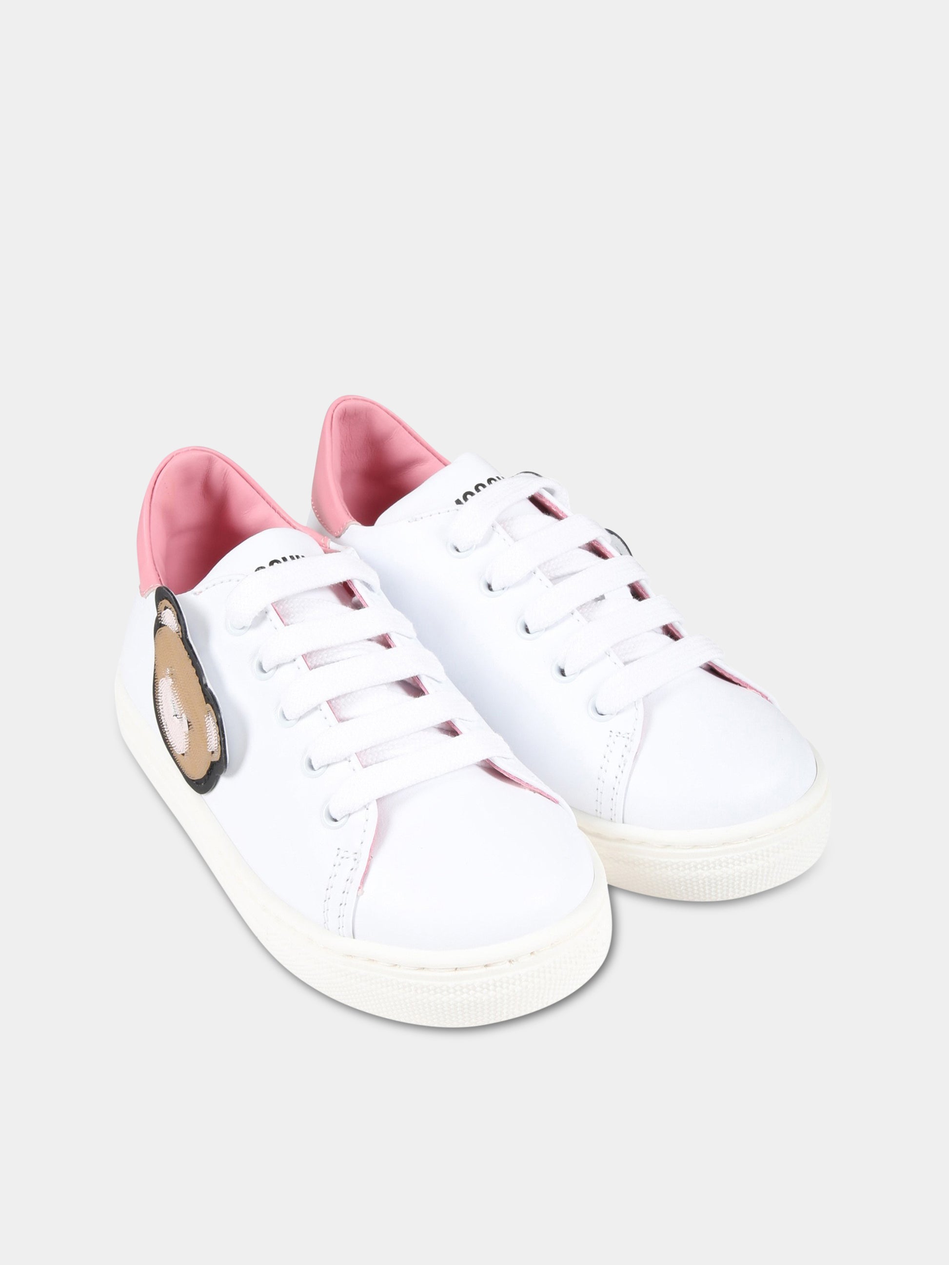 Sneakers bianche per bambina con Teddy Bear e logo,Moschino Kids,74350 1