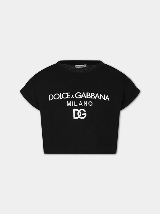 T-shirt nera per bambina con logo,Dolce & Gabbana Kids,L5JTIH G7I0L N0000
